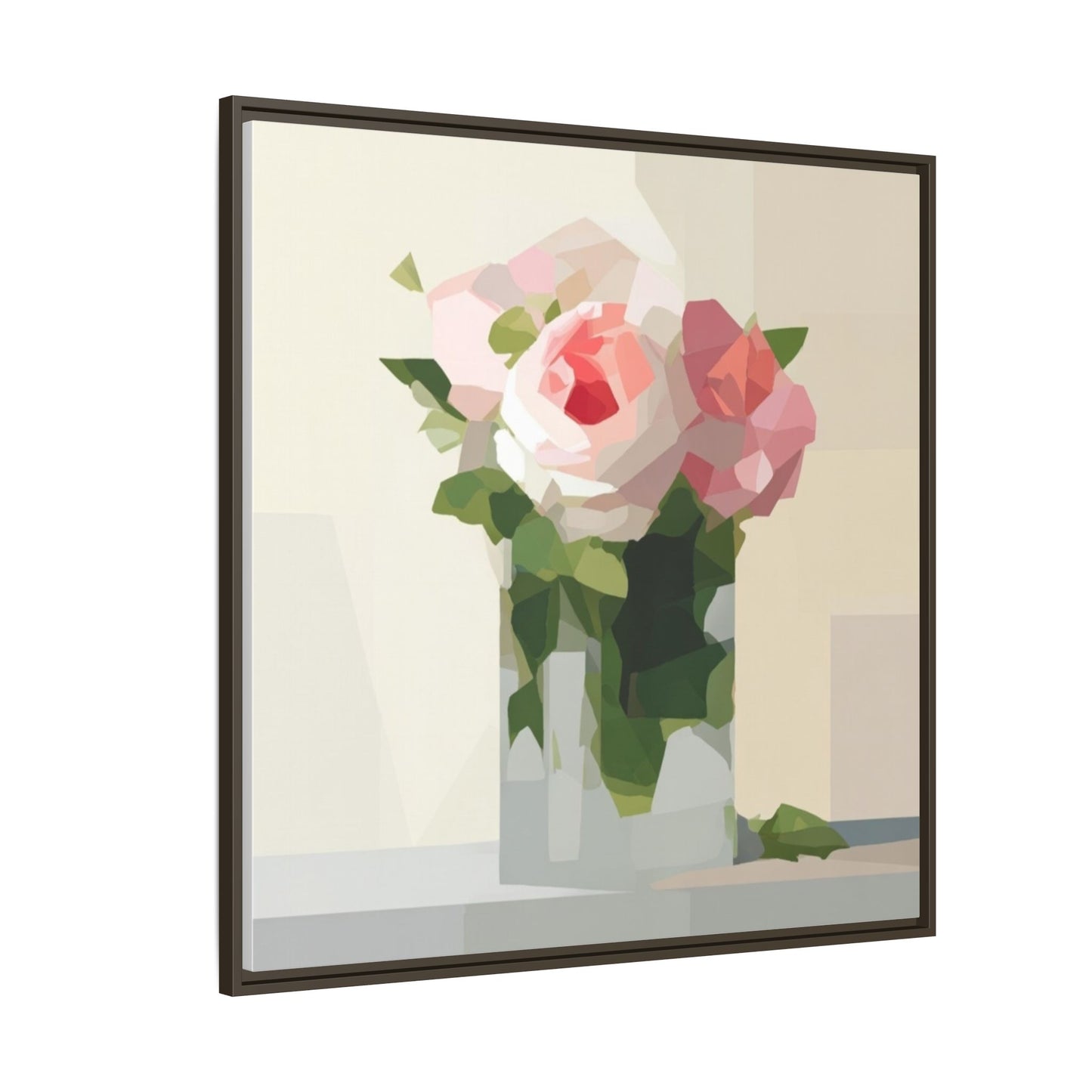 Framed Floral Canvas Print — Geometric Pink Rose Wall Art