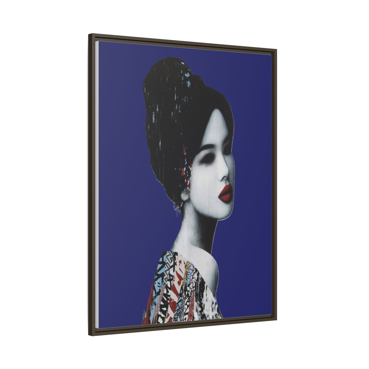Framed Matte Canvas Art — Elegant Geisha Portrait on Deep Blue
