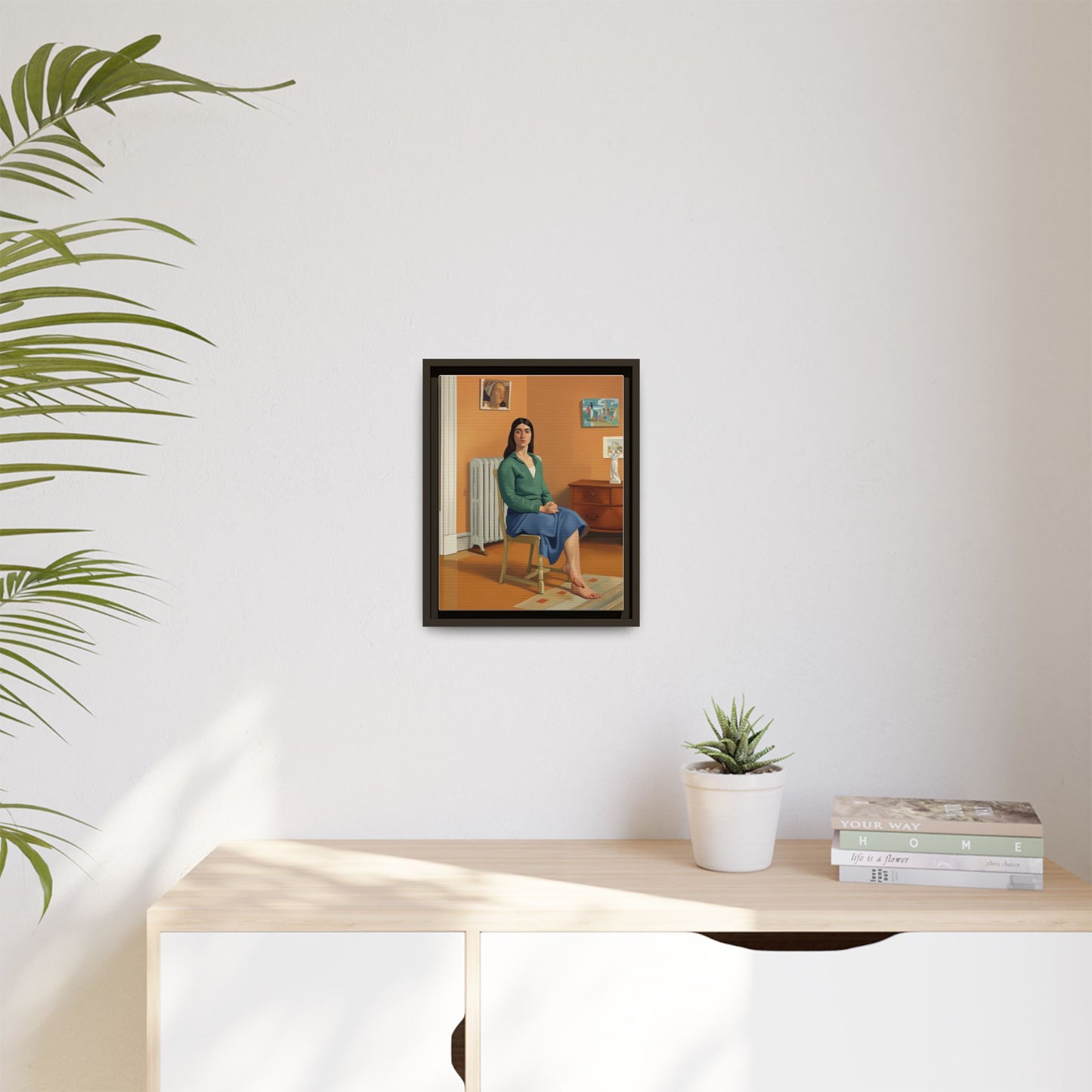 Framed Matte Canvas Print — Woman Seated in Warm Interior (Midcentury Portrait)