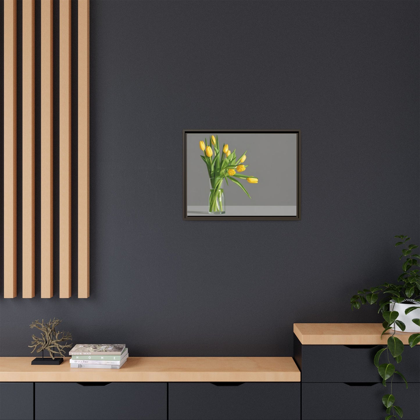 Framed Matte Canvas Art — Yellow Tulip Vase Wall Print