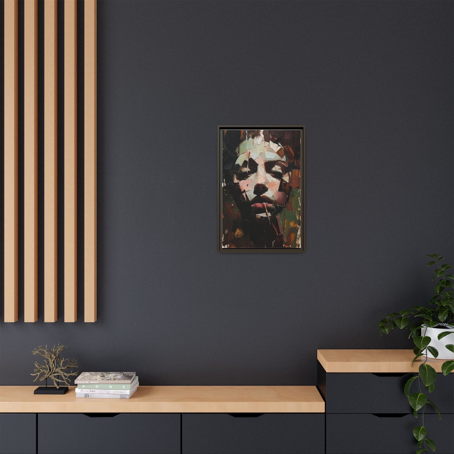 Matte Framed Canvas Art — Abstract Female Portrait, Moody Multicolor