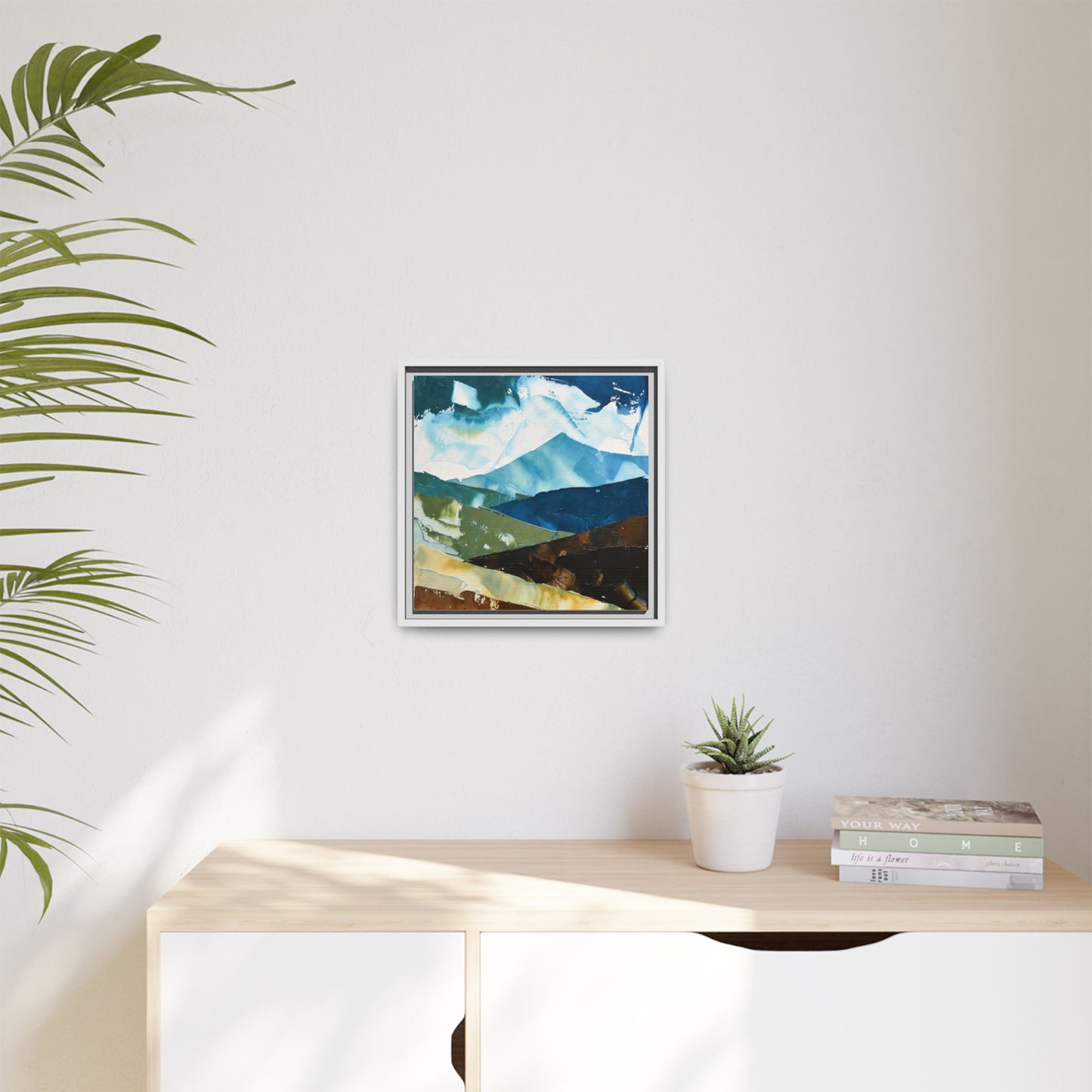 Framed Abstract Mountain Canvas Art — Blue & Earthtone Landscape Print