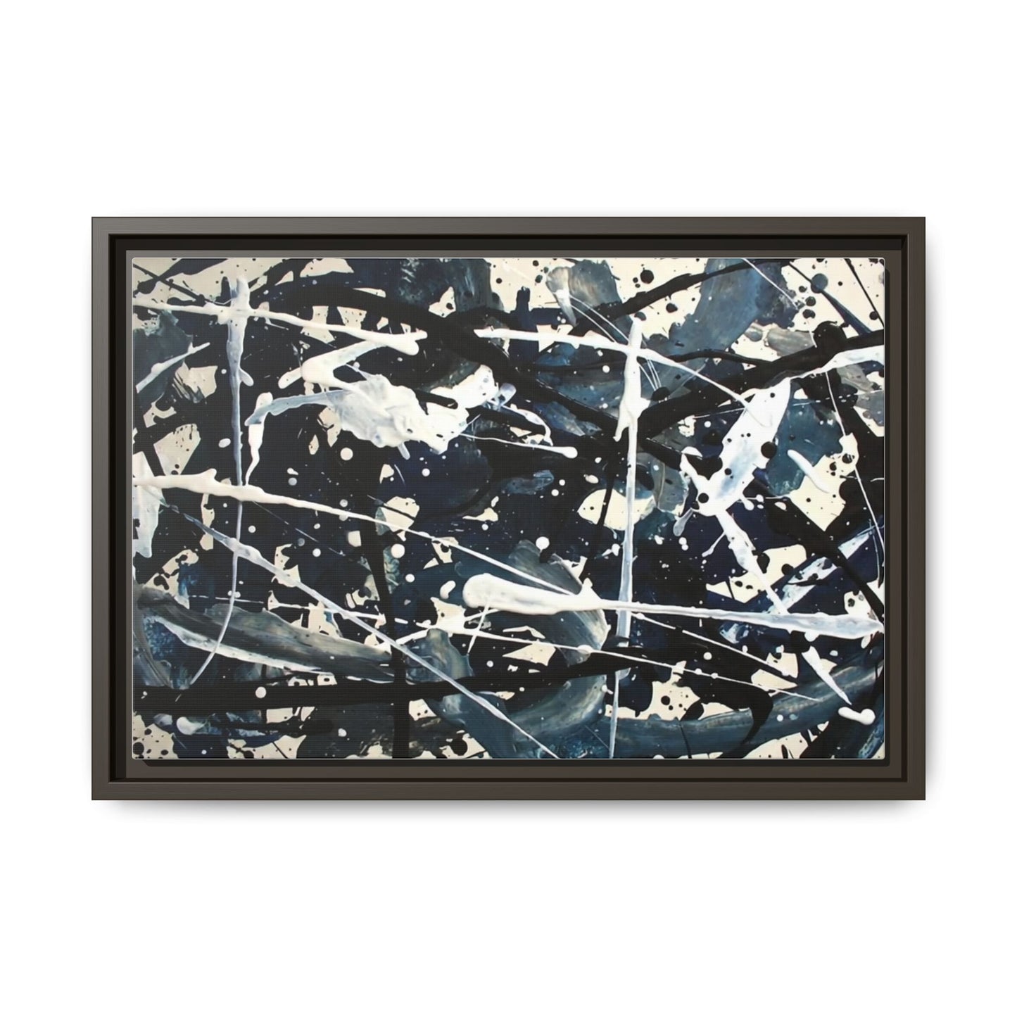 Abstract Splatter Matte Canvas Framed Wall Art — Black & Blue Modern Art Print