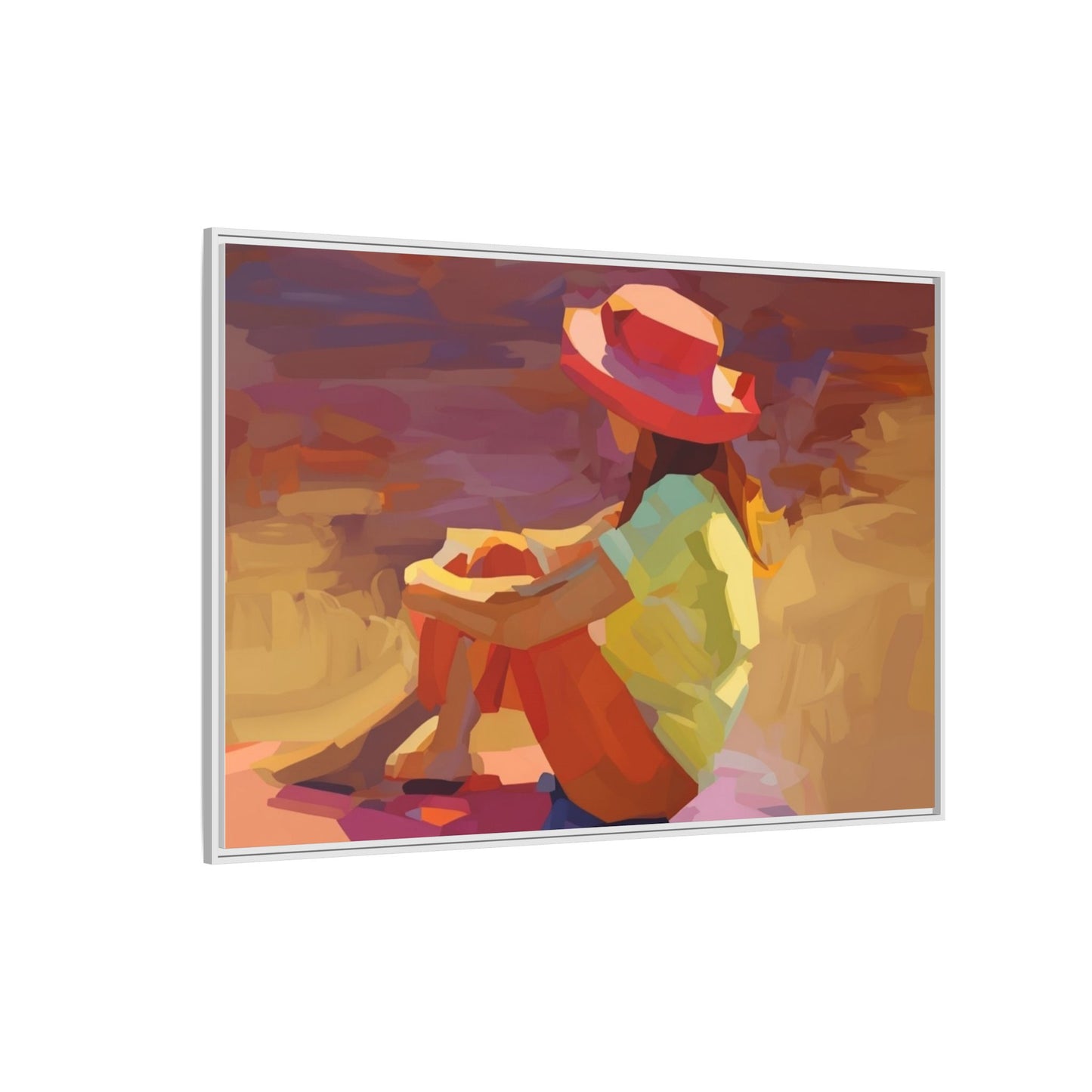 Framed Matte Canvas — Colorful Seated Girl Beach Art