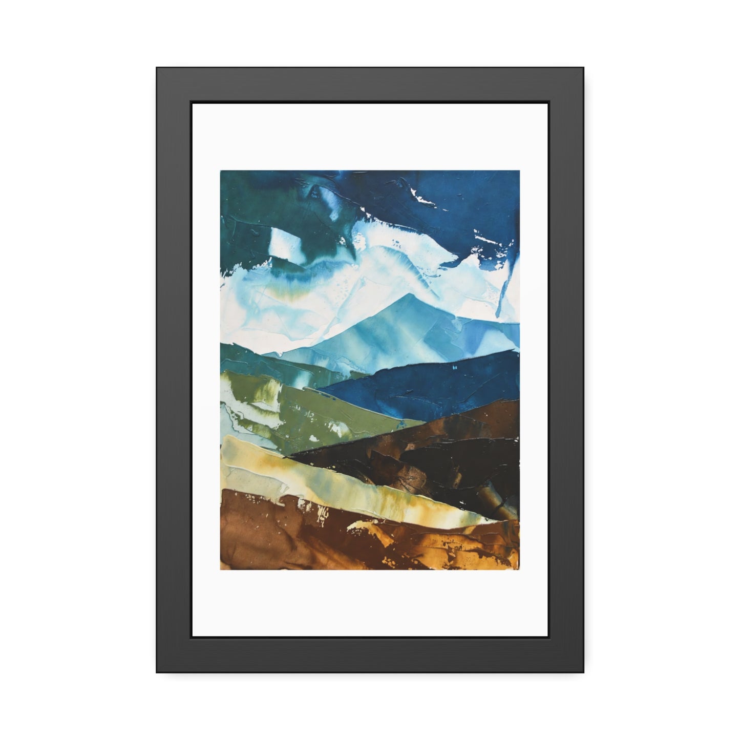 Framed Abstract Mountain Art Print – Blue & Earthtone Layered Landscape Poster