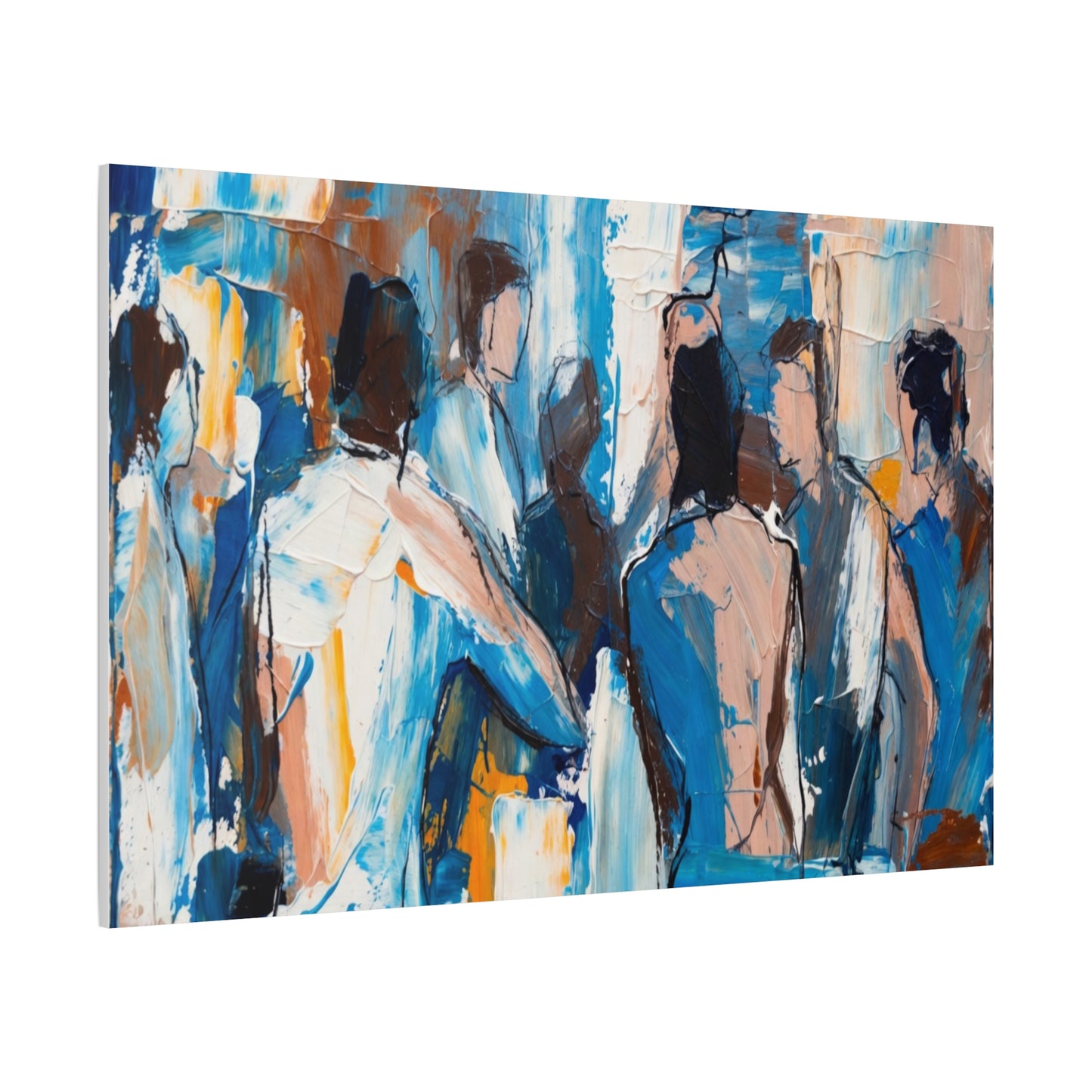 Abstract Figurative Canvas Art — Blue Social Scene Matte Stretched Canvas