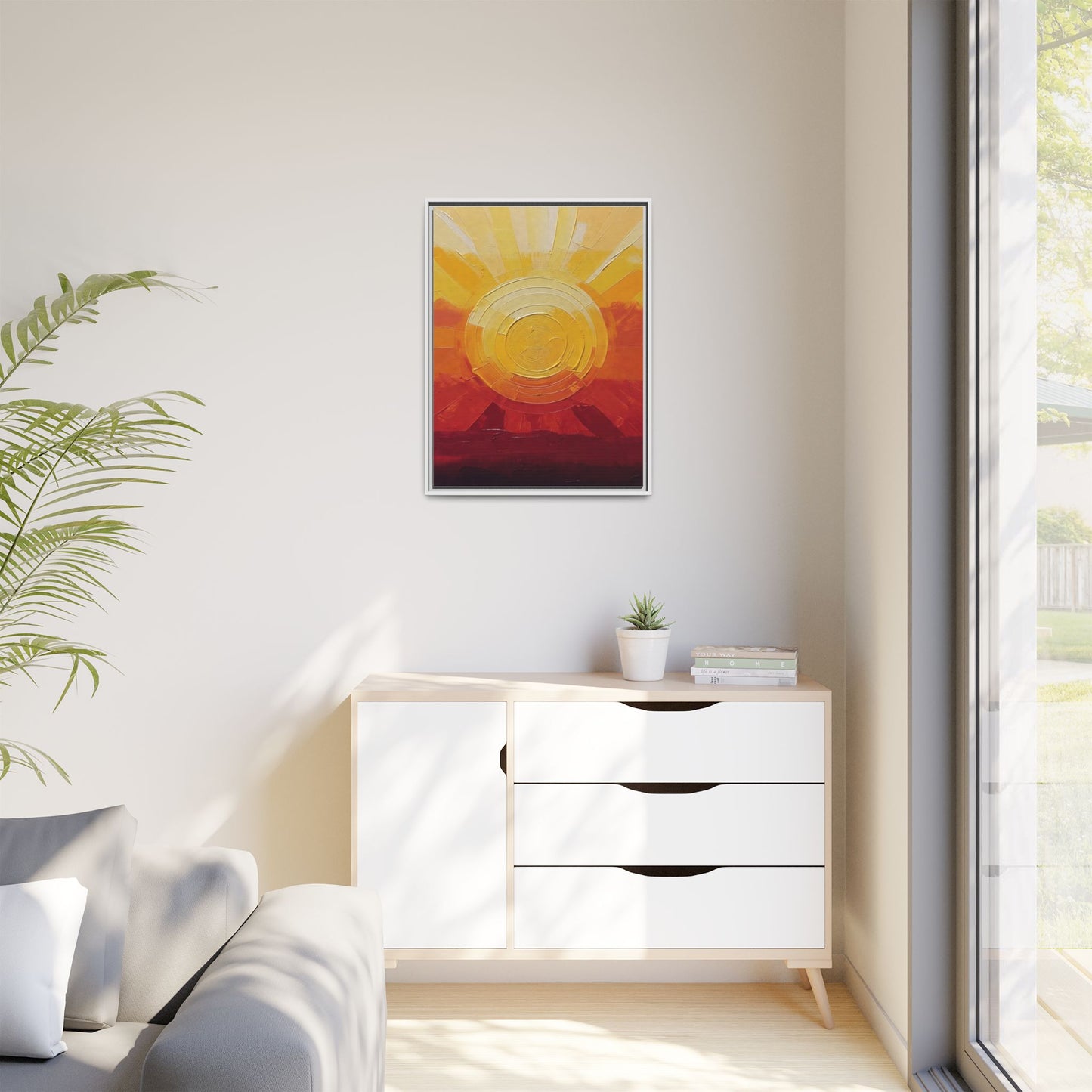 Sunburst Abstract Framed Canvas Art — Matte Multi‑Color Wall Print