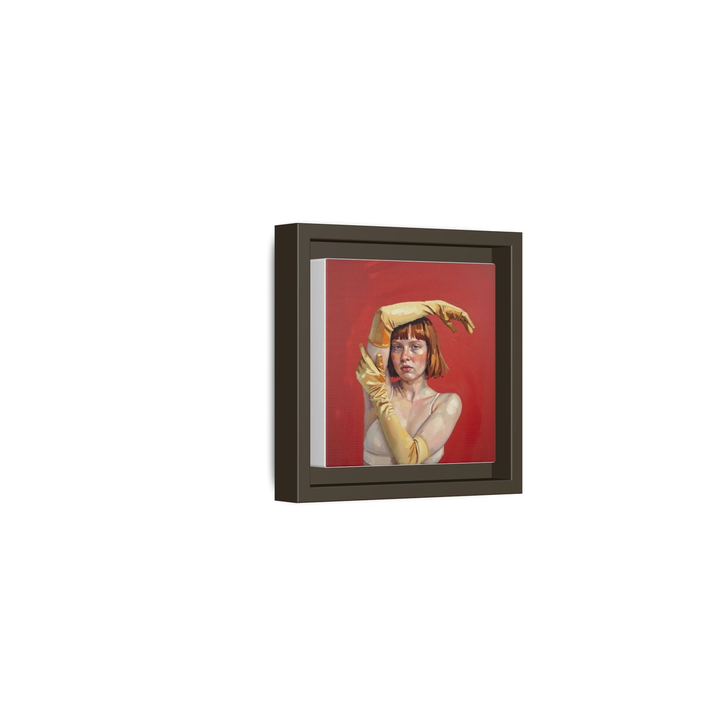 Framed Matte Canvas Art - Portrait of Woman in Yellow Gloves (Red Background)