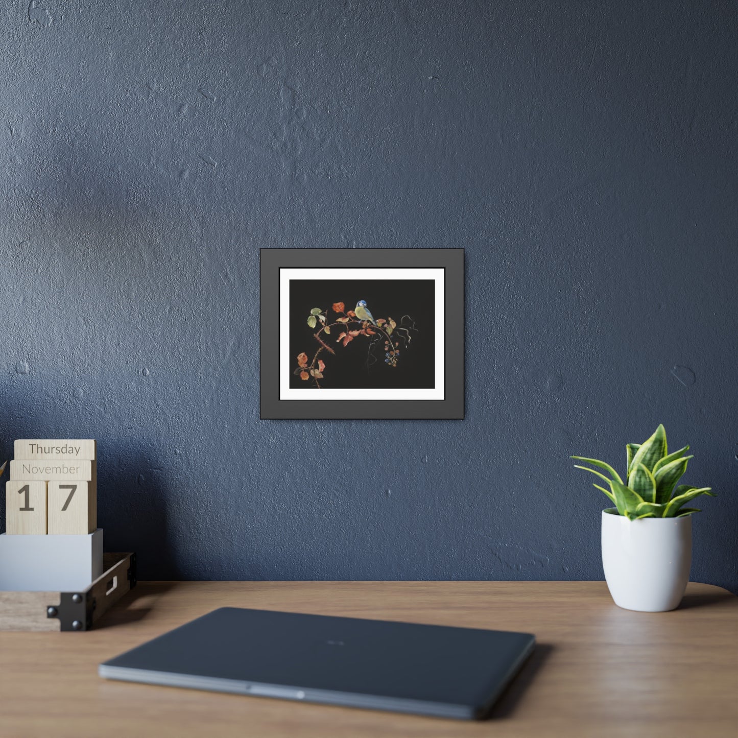 Framed Bird Print Poster — Vintage Botanical Bird Illustration on Black