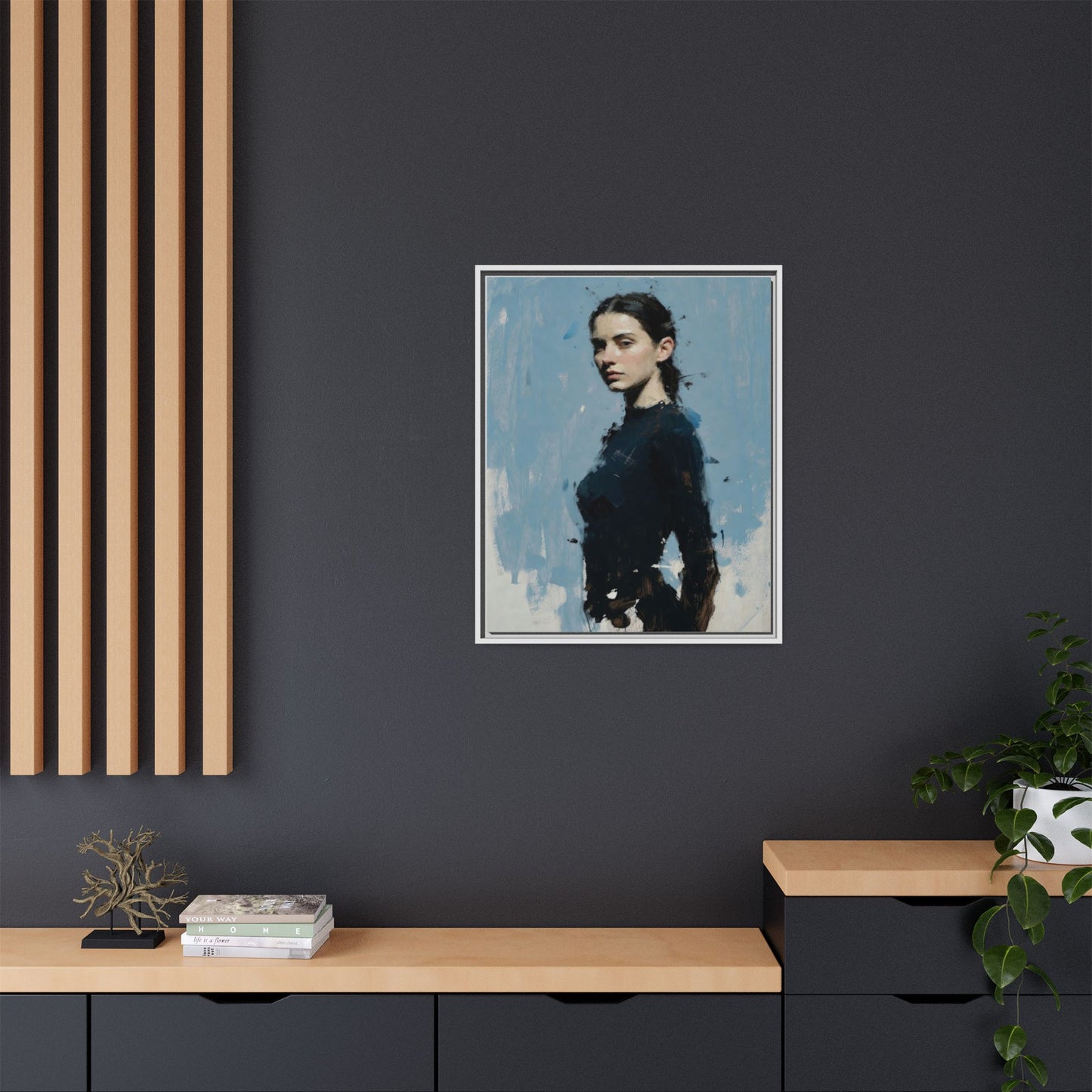 Framed Matte Canvas Portrait Print — Elegant Blue Woman Art
