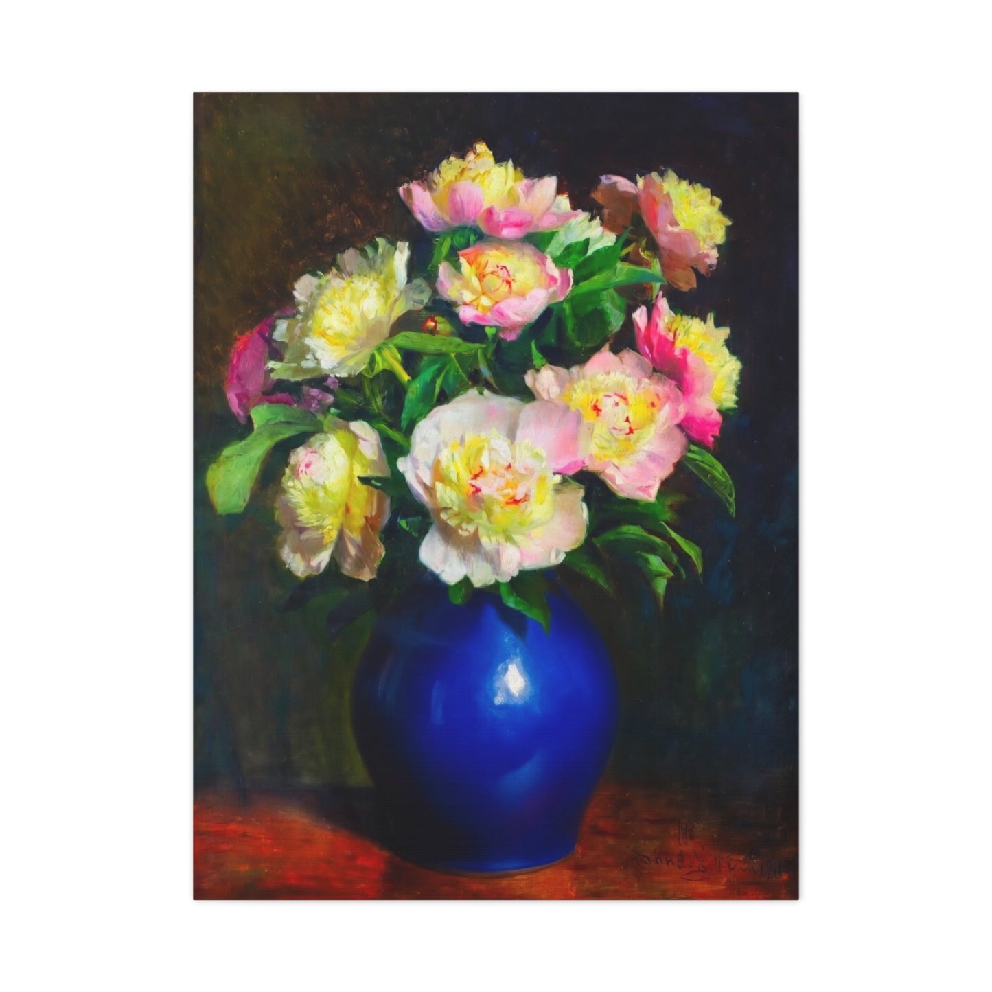 Peony Bouquet Canvas Print — Pink Peonies in Blue Vase, Stretched Matte Wall Art