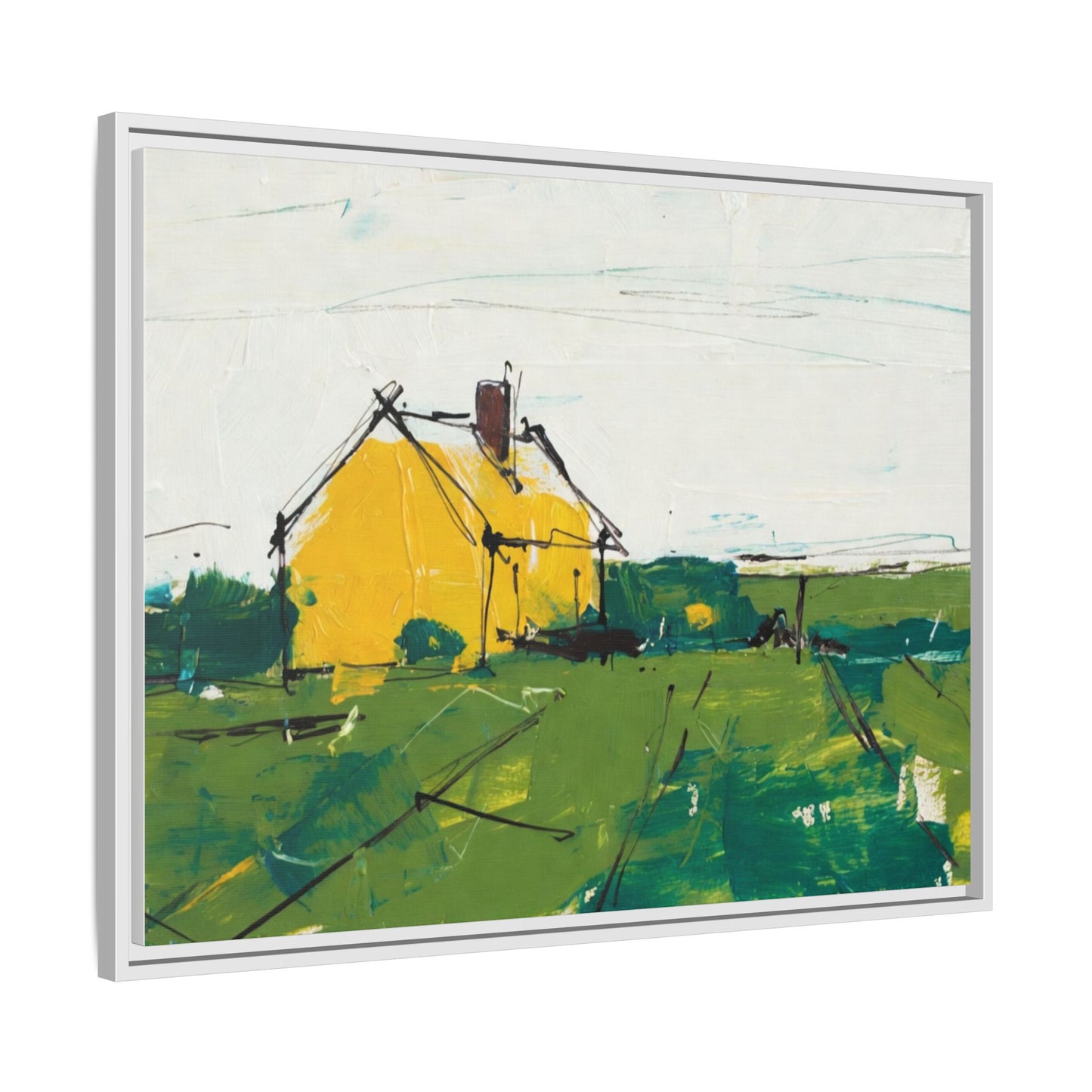 Yellow Cottage Landscape Framed Canvas Print
