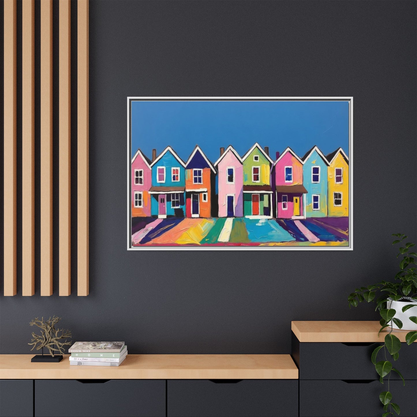 Colorful Beach Houses Matte Canvas Framed Wall Art