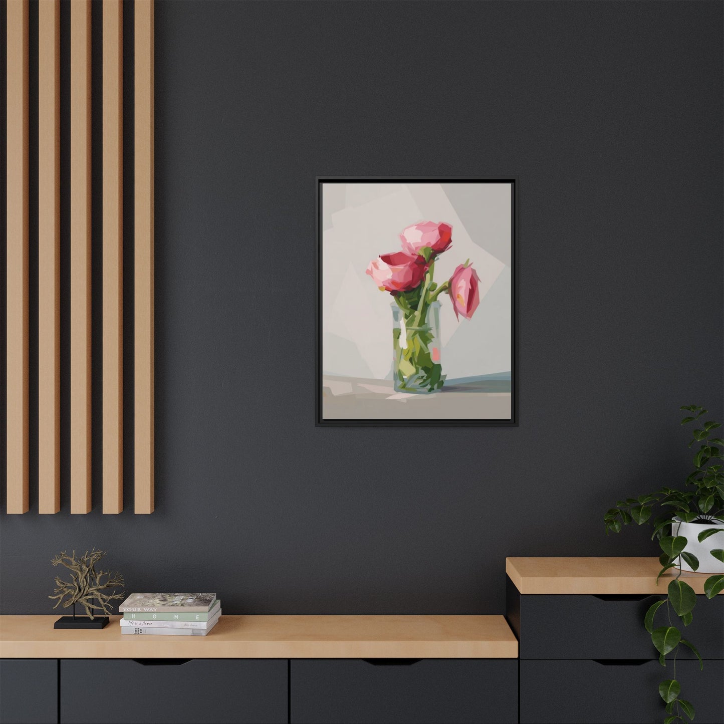 Framed Canvas Art — Pink Roses in Vase, Modern Floral Wall Print