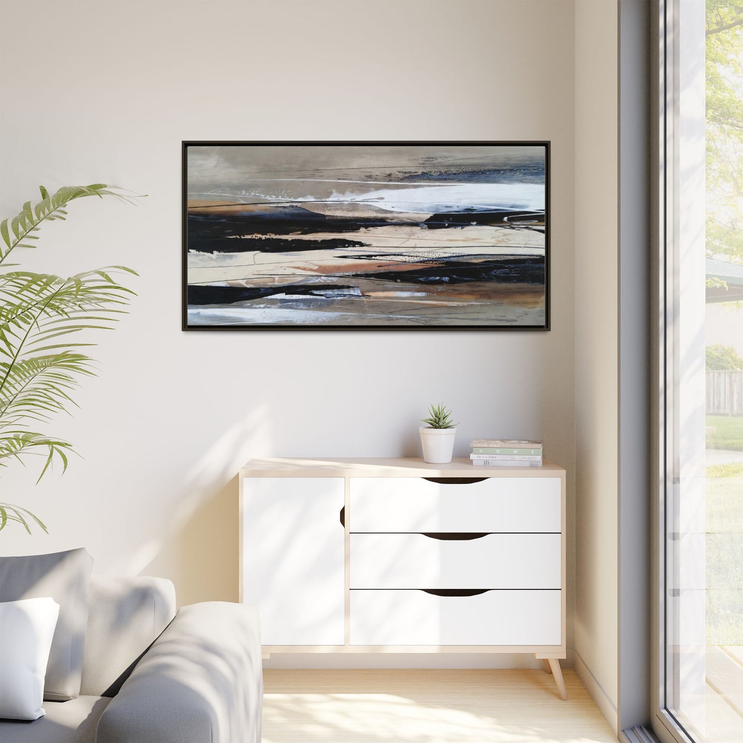 Abstract Seascape Matte Canvas Framed Wall Art — Neutral Coastal Landscape