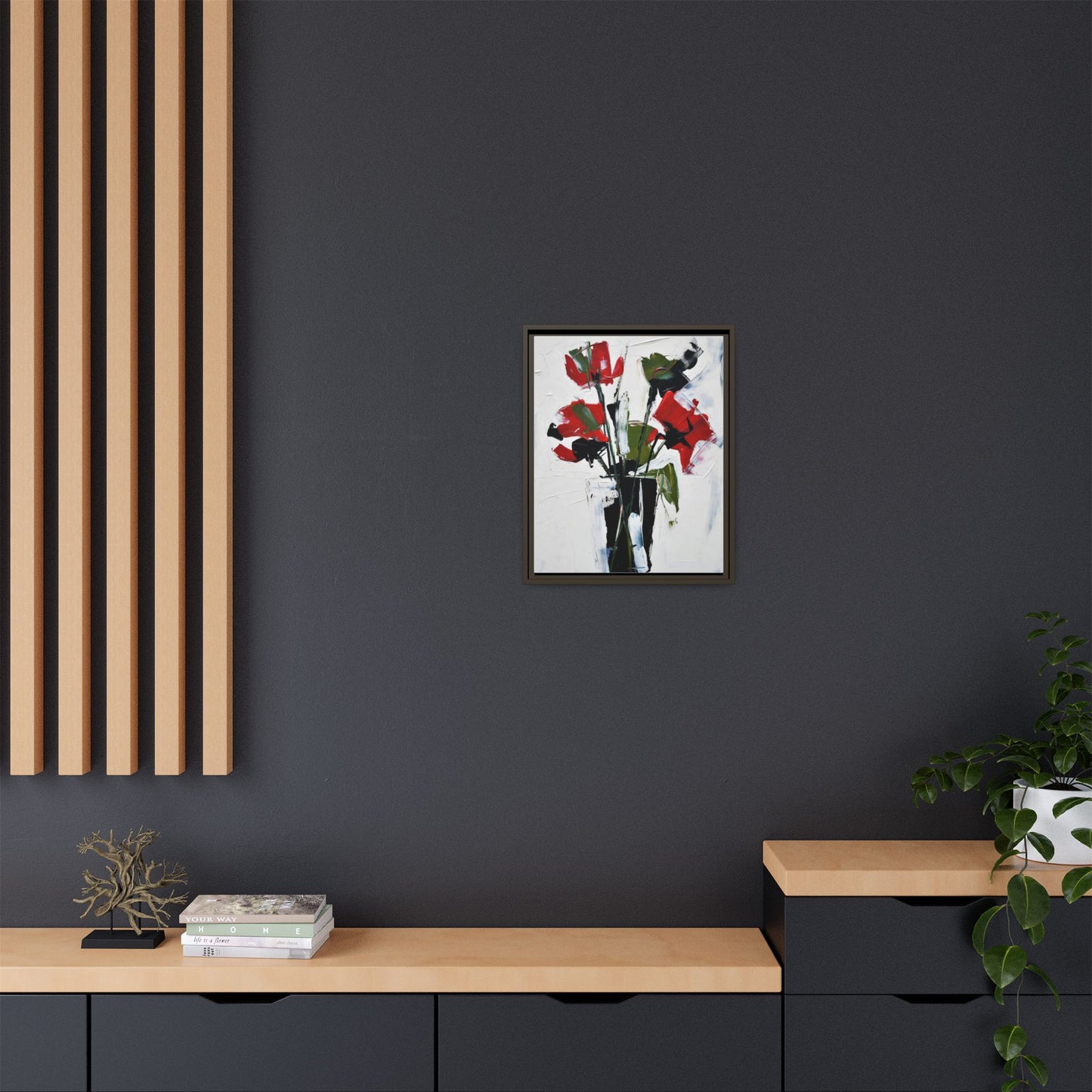 Framed Abstract Floral Canvas Print — Red Poppies in Black Vase