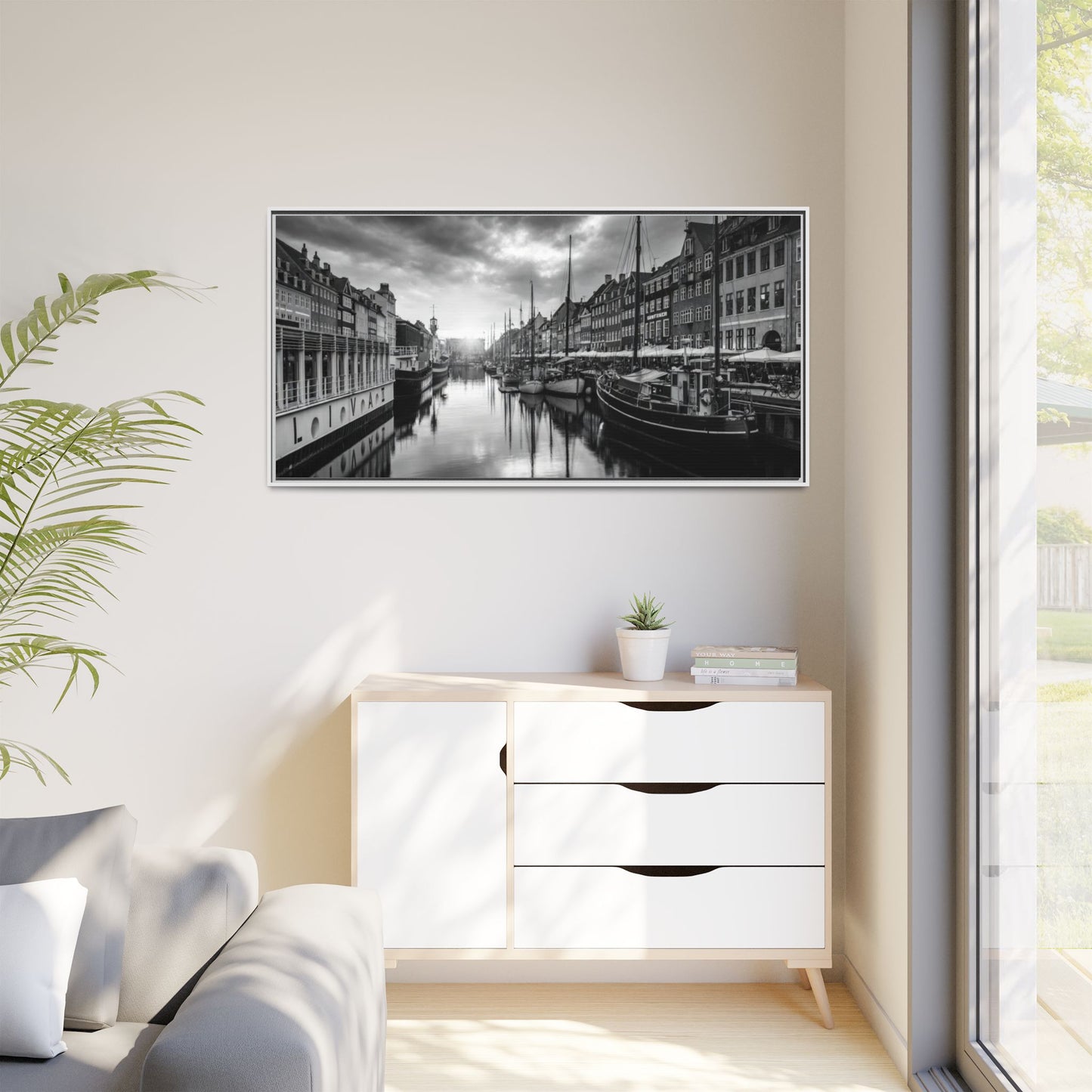 Framed Matte Canvas: Black & White Dutch Canal Photography Wall Art