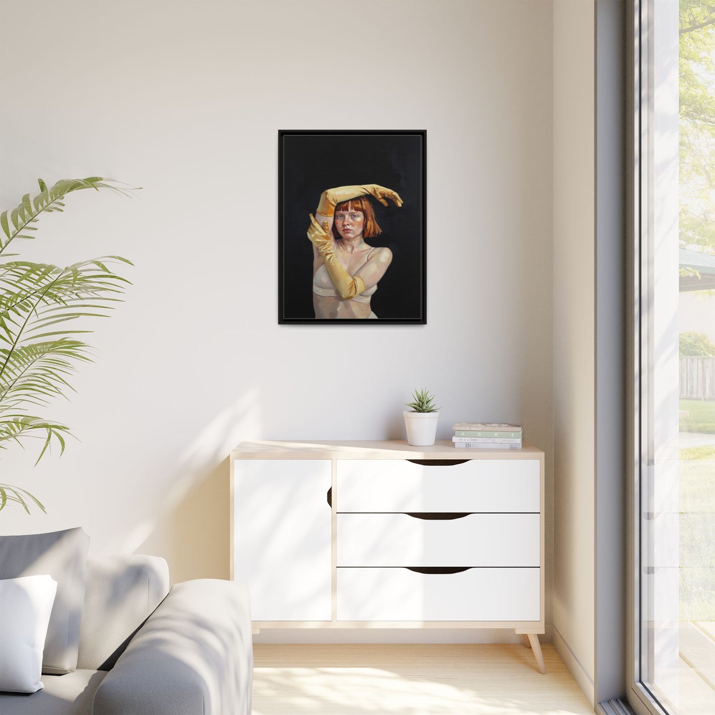 Framed Matte Canvas Art – Portrait of Woman in Yellow Gloves