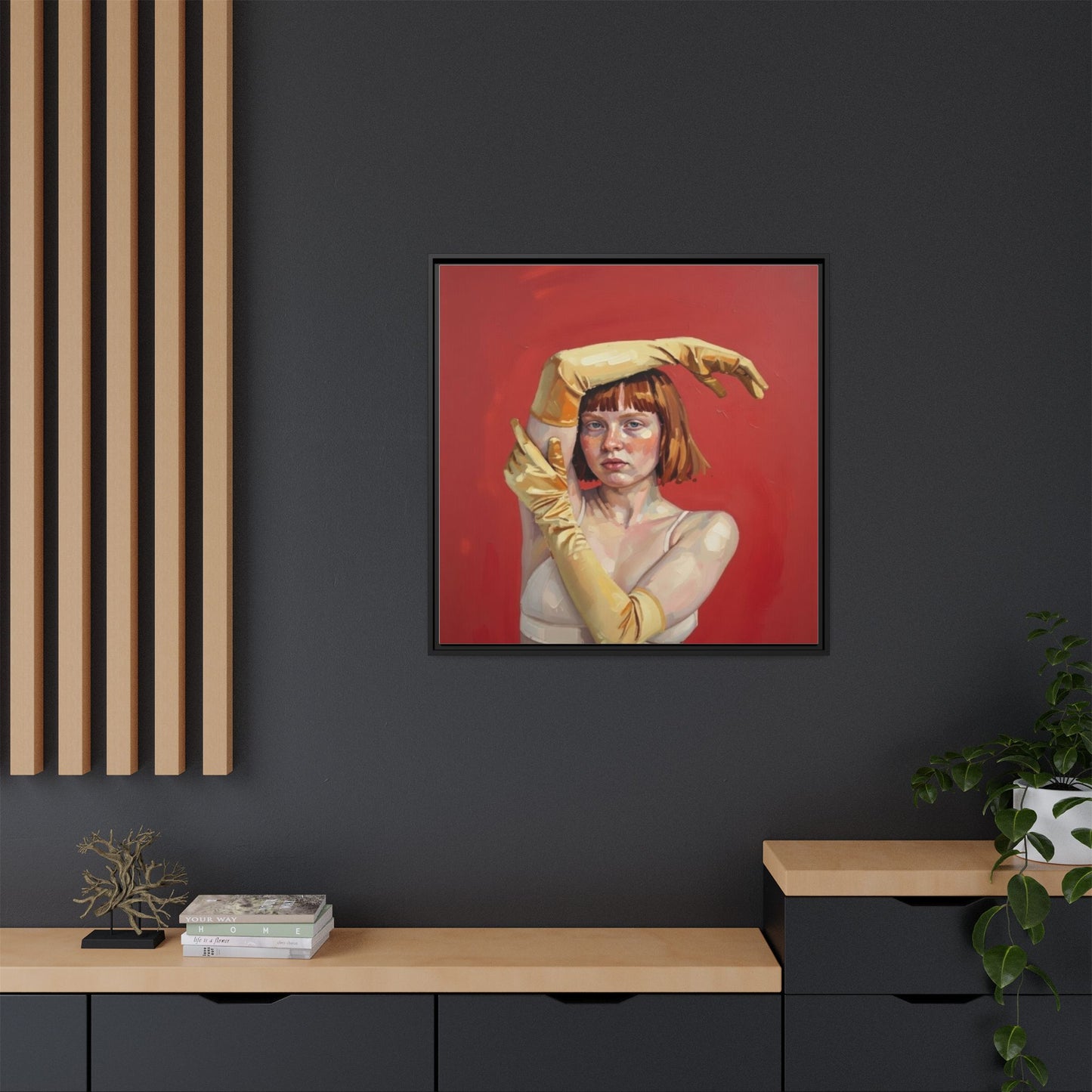 Framed Matte Canvas Art - Portrait of Woman in Yellow Gloves (Red Background)