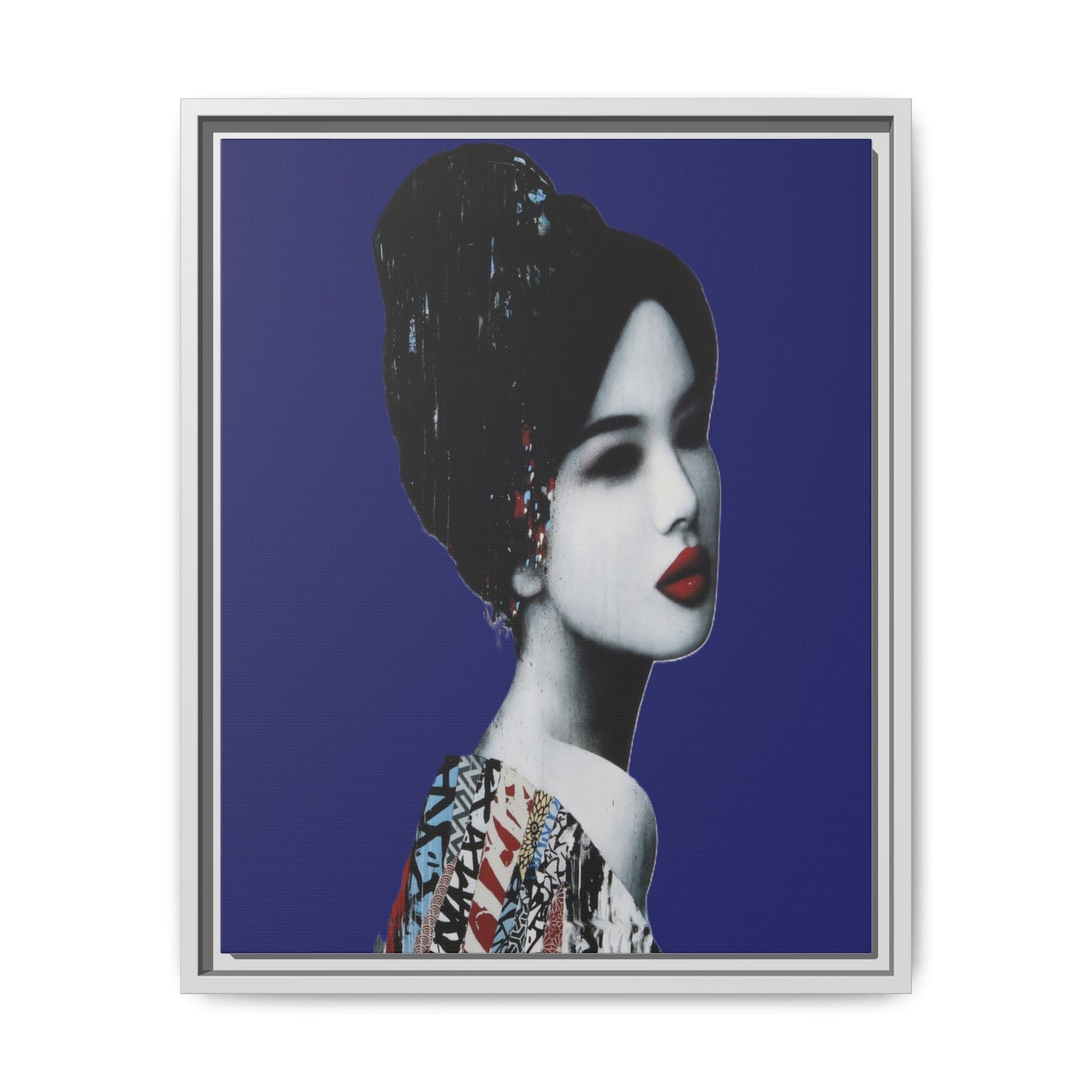 Framed Matte Canvas Art — Elegant Geisha Portrait on Deep Blue