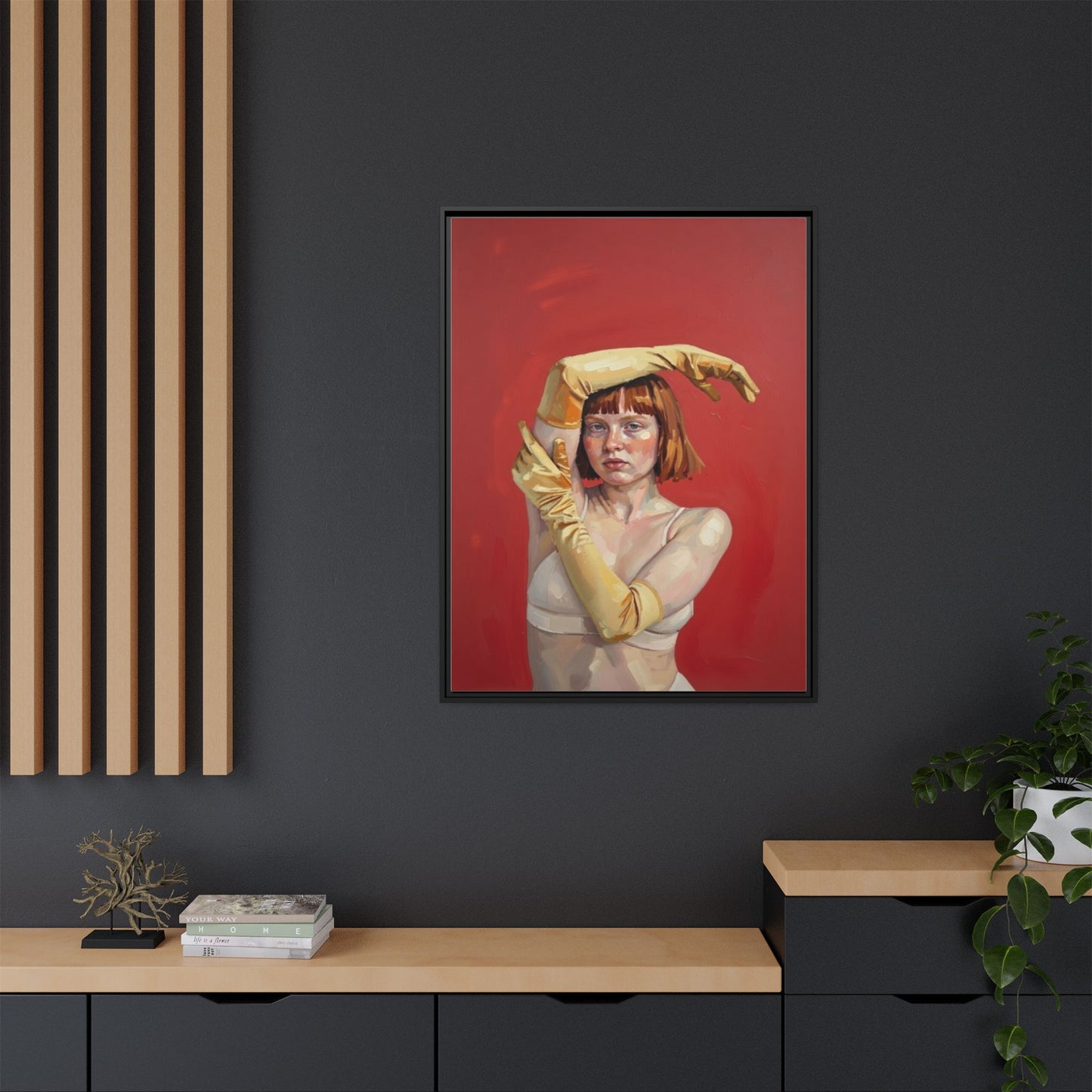Framed Matte Canvas Art - Portrait of Woman in Yellow Gloves (Red Background)