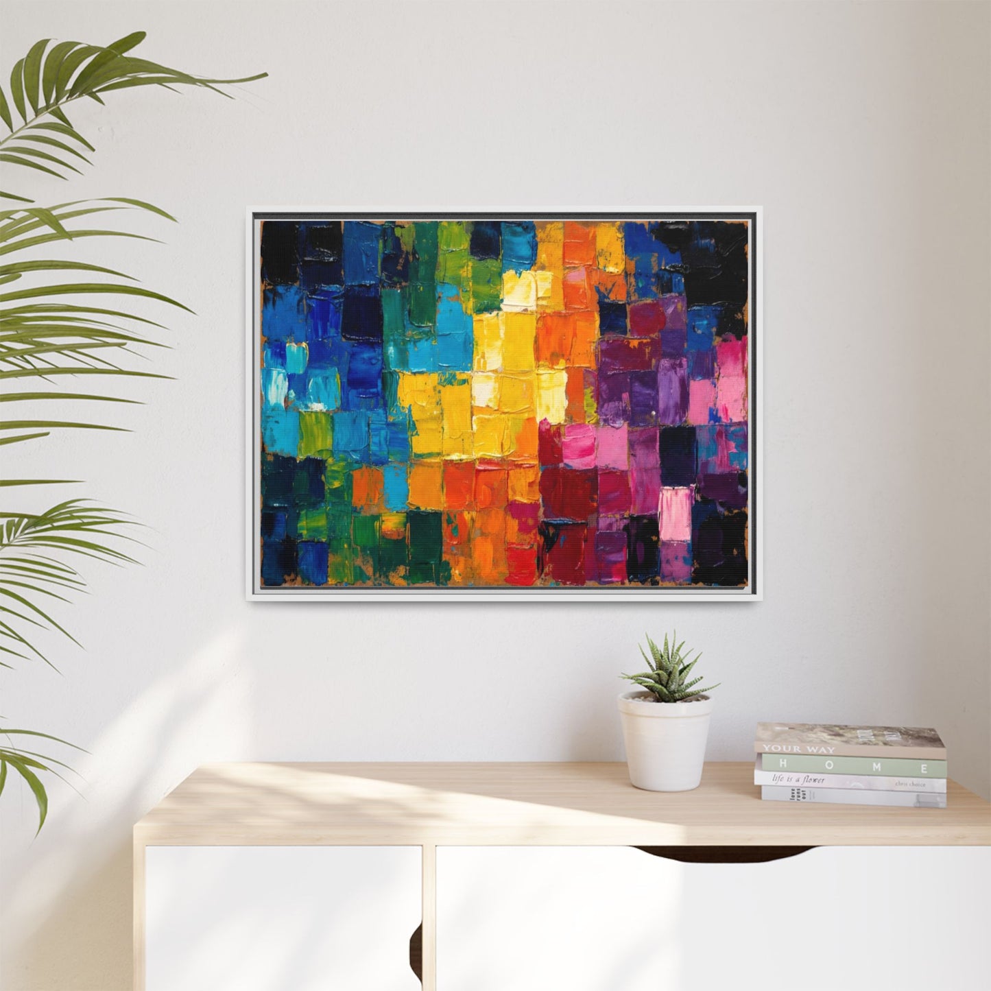 Abstract Rainbow Mosaic Framed Canvas Print — Colorful Modern Wall Art