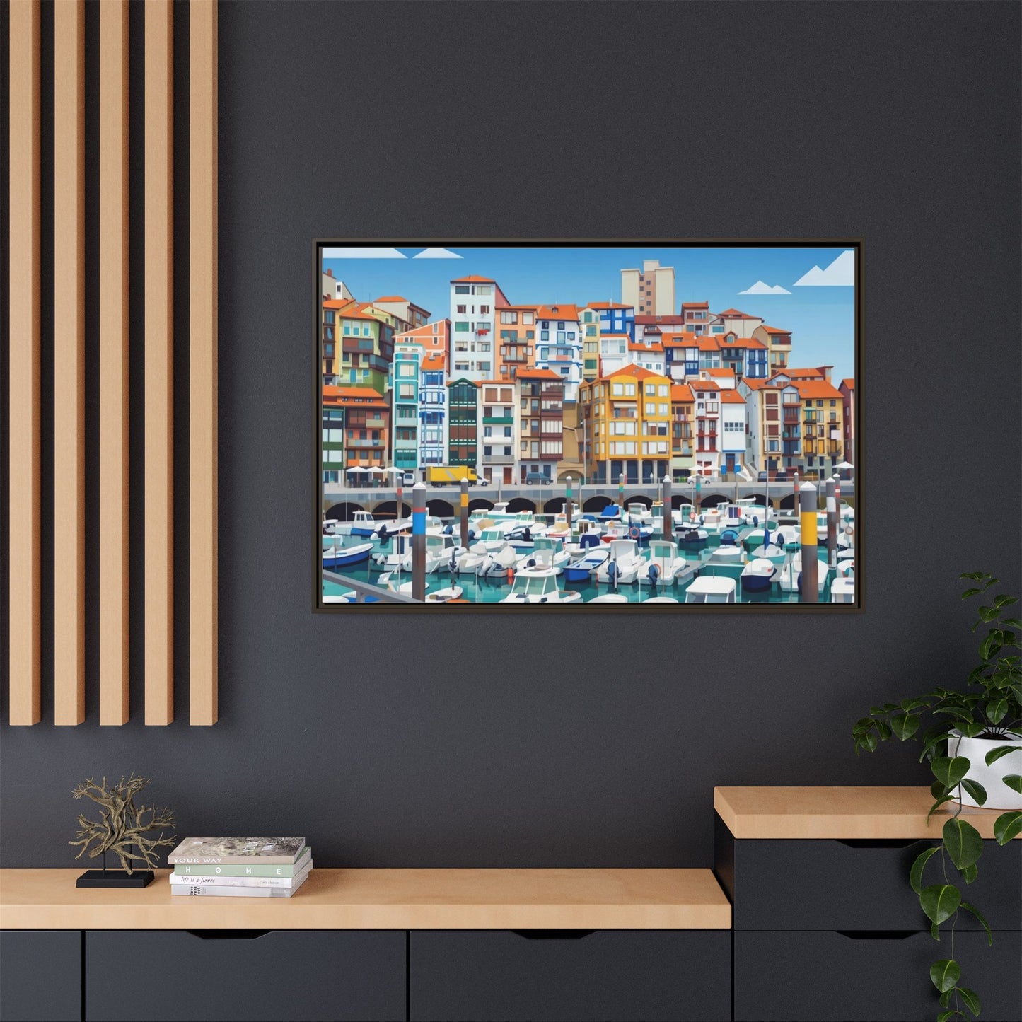 Framed Matte Canvas Print — Colorful Mediterranean Harbor Illustration