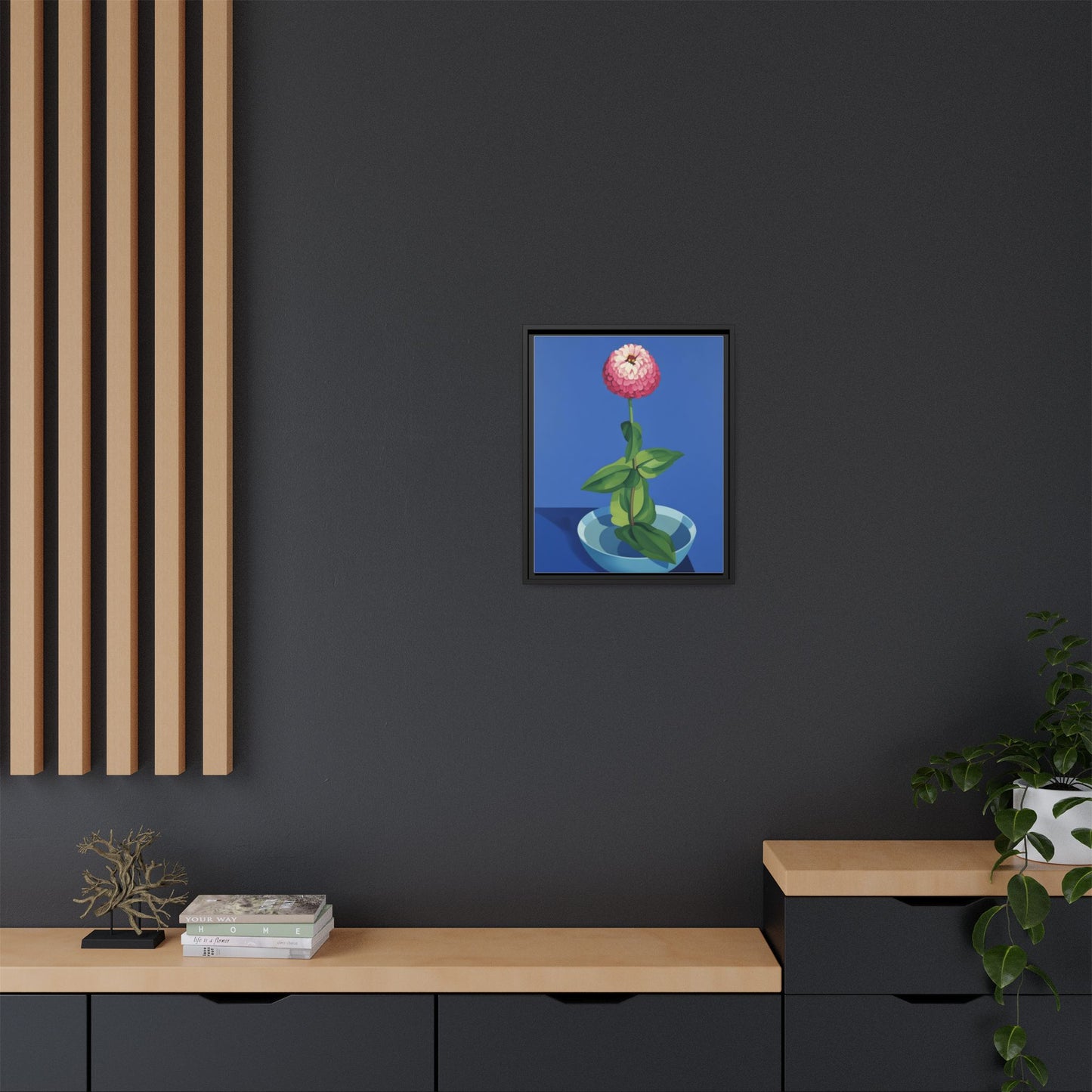 Framed Matte Canvas Art — Pink Zinnia in Blue Bowl (Botanical Still Life)