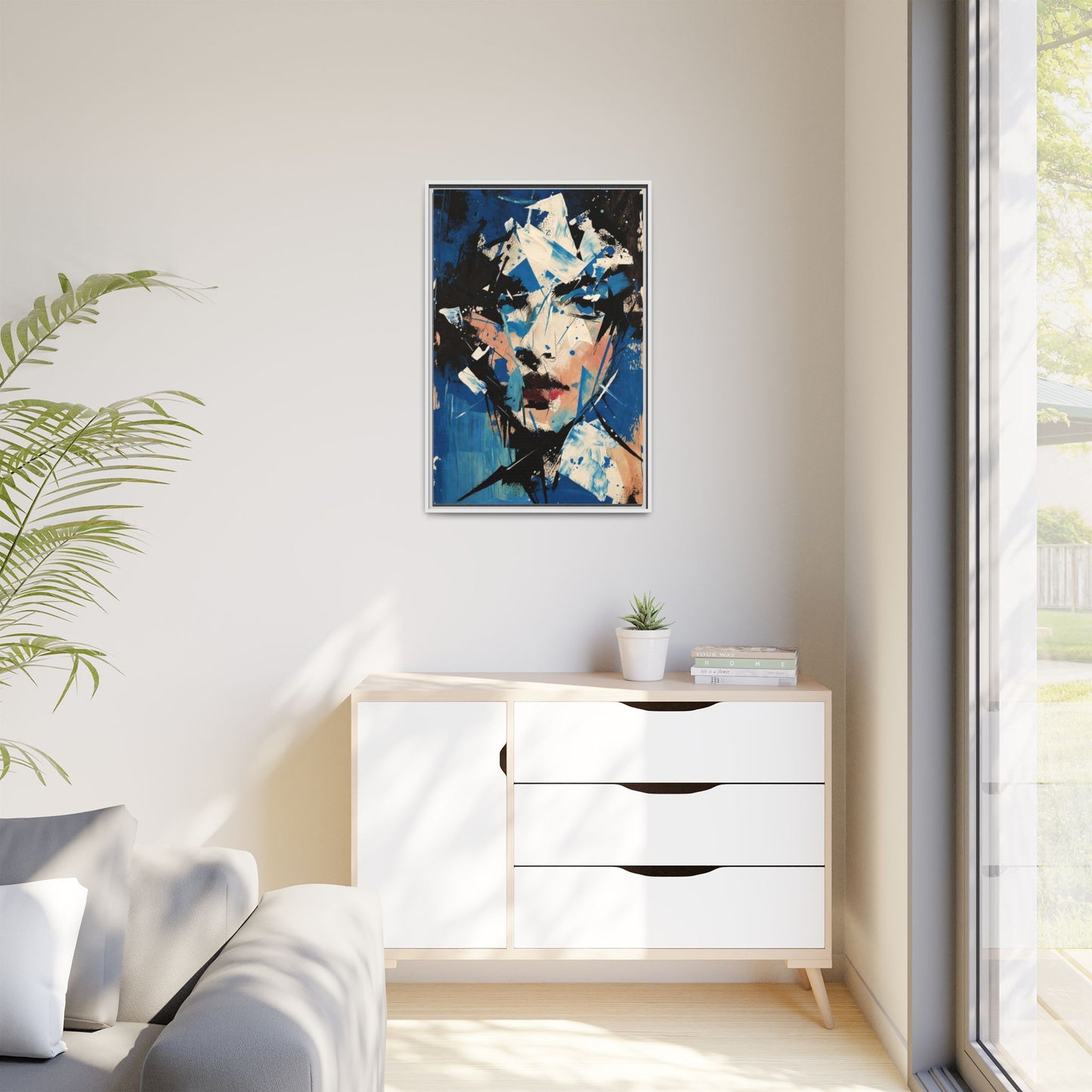 Abstract Portrait Matte Canvas Framed Wall Art — Blue Mixed-Media Face Print