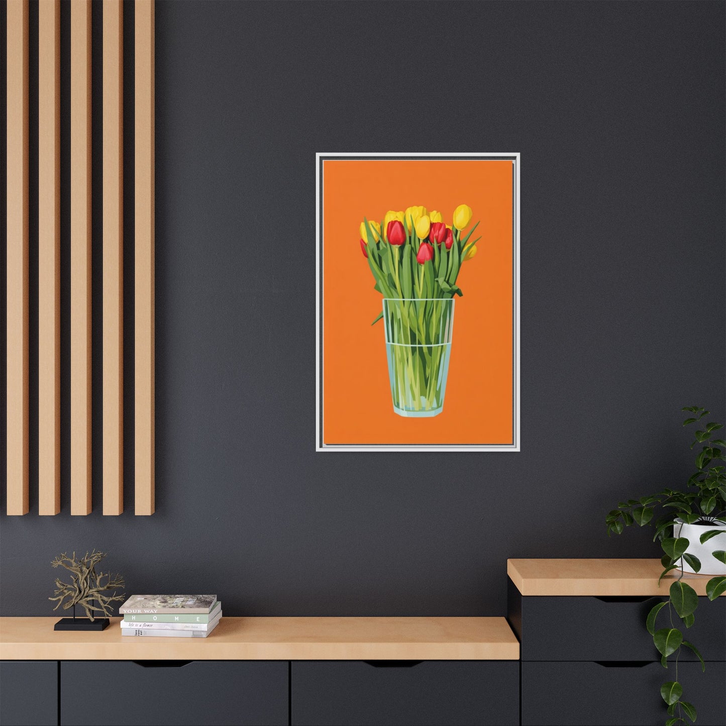 Framed Tulip Canvas Print — Colorful Tulips in Glass Vase