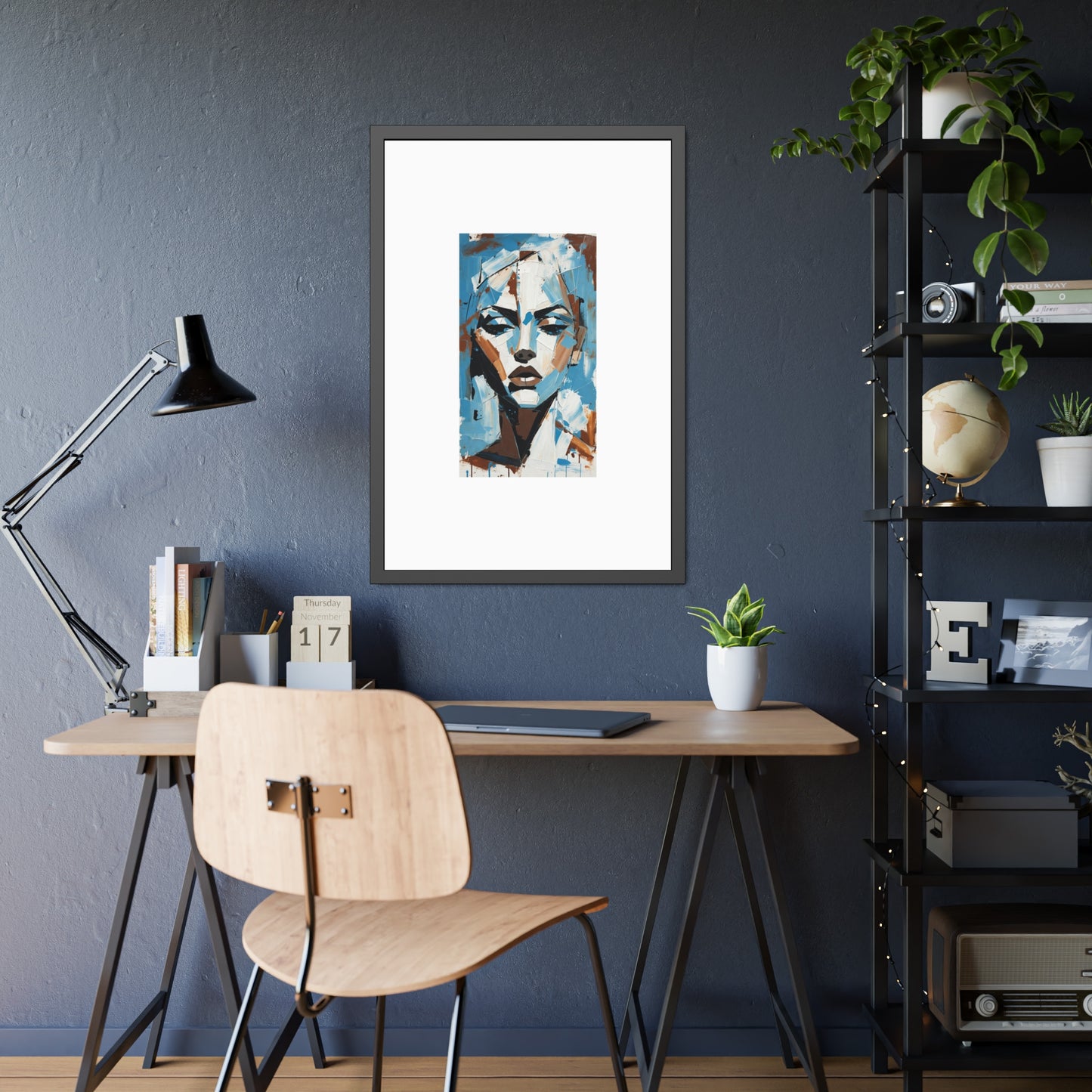Framed Art Print - Abstract Blue Portrait Poster (Modern Wall Decor)
