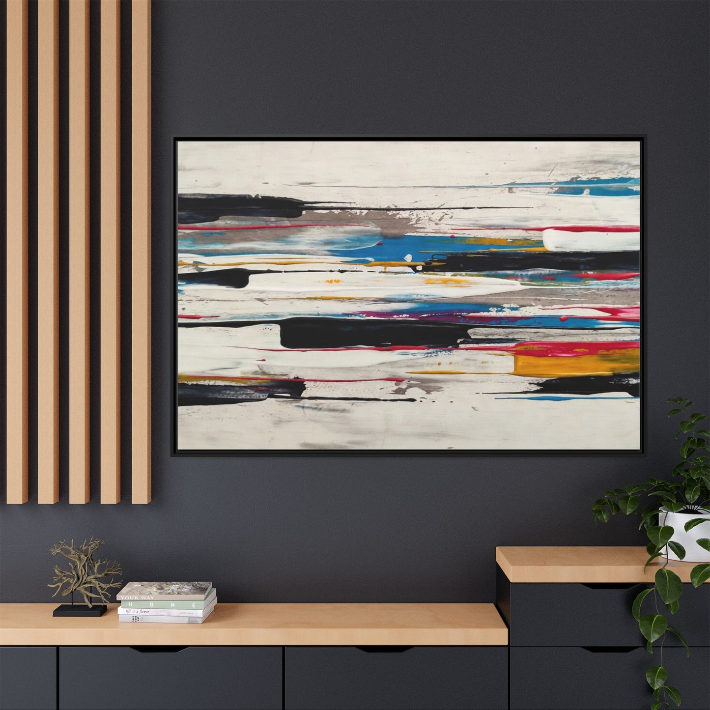 Abstract Multi-Color Framed Canvas Wall Art — Modern Horizontal Brushstroke Print