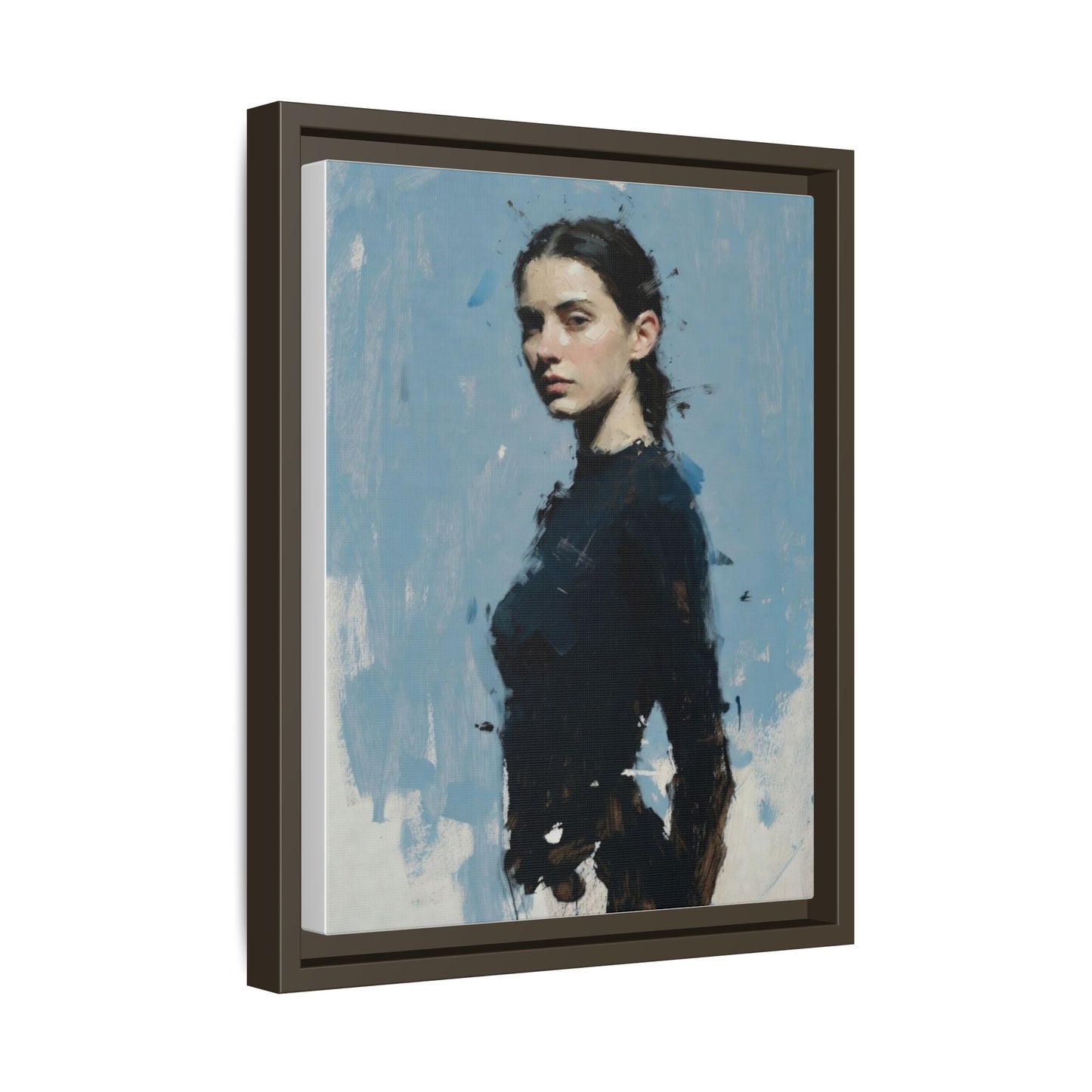 Framed Matte Canvas Portrait Print — Elegant Blue Woman Art