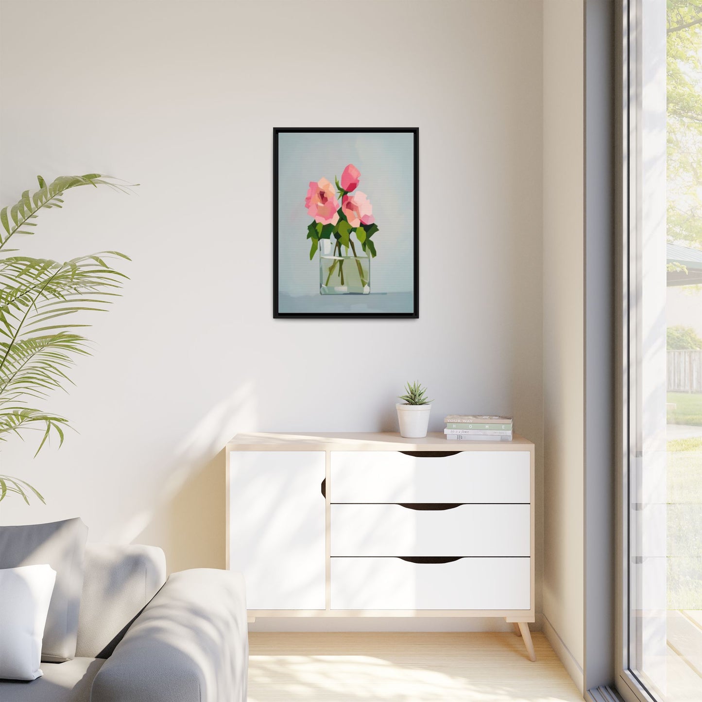 Framed Floral Canvas Print — Pink Roses in Glass Vase (Matte)