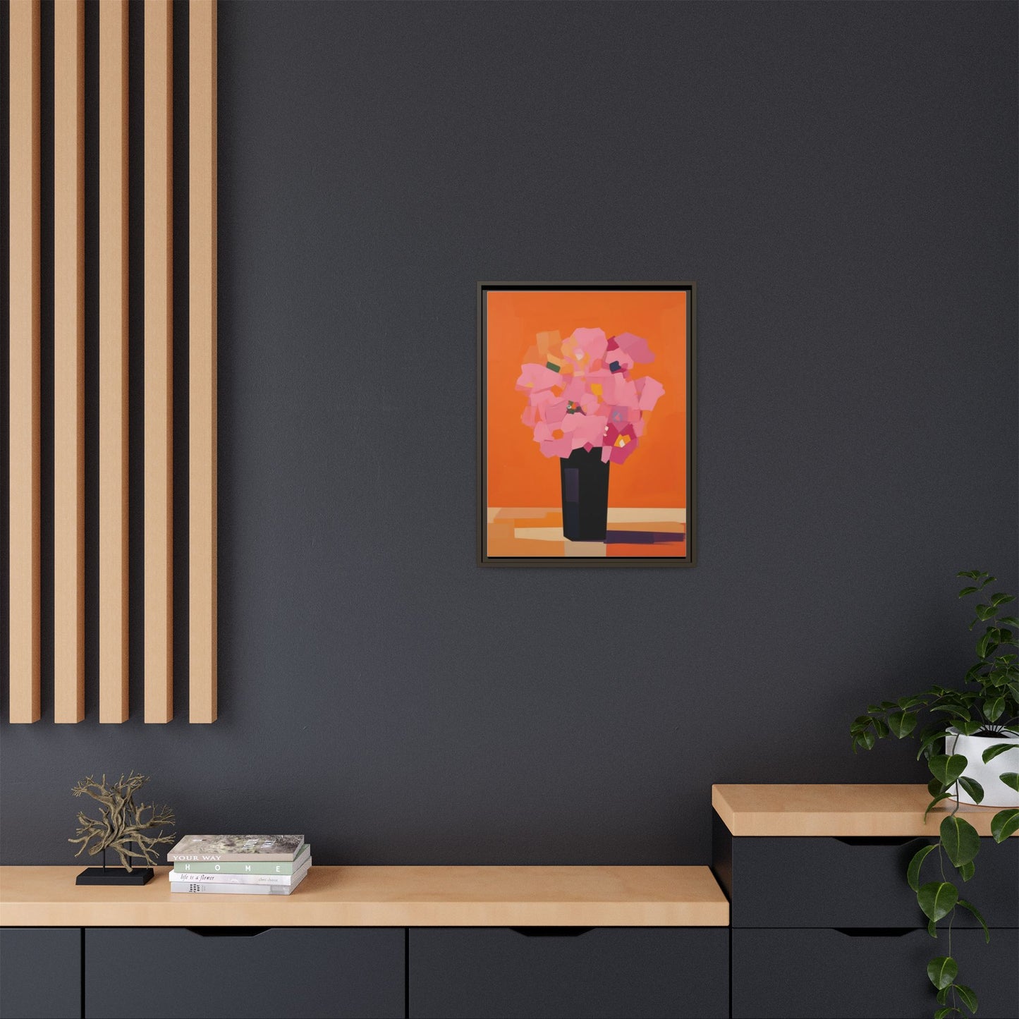 Framed Floral Canvas Art — Pink Bouquet on Orange Background