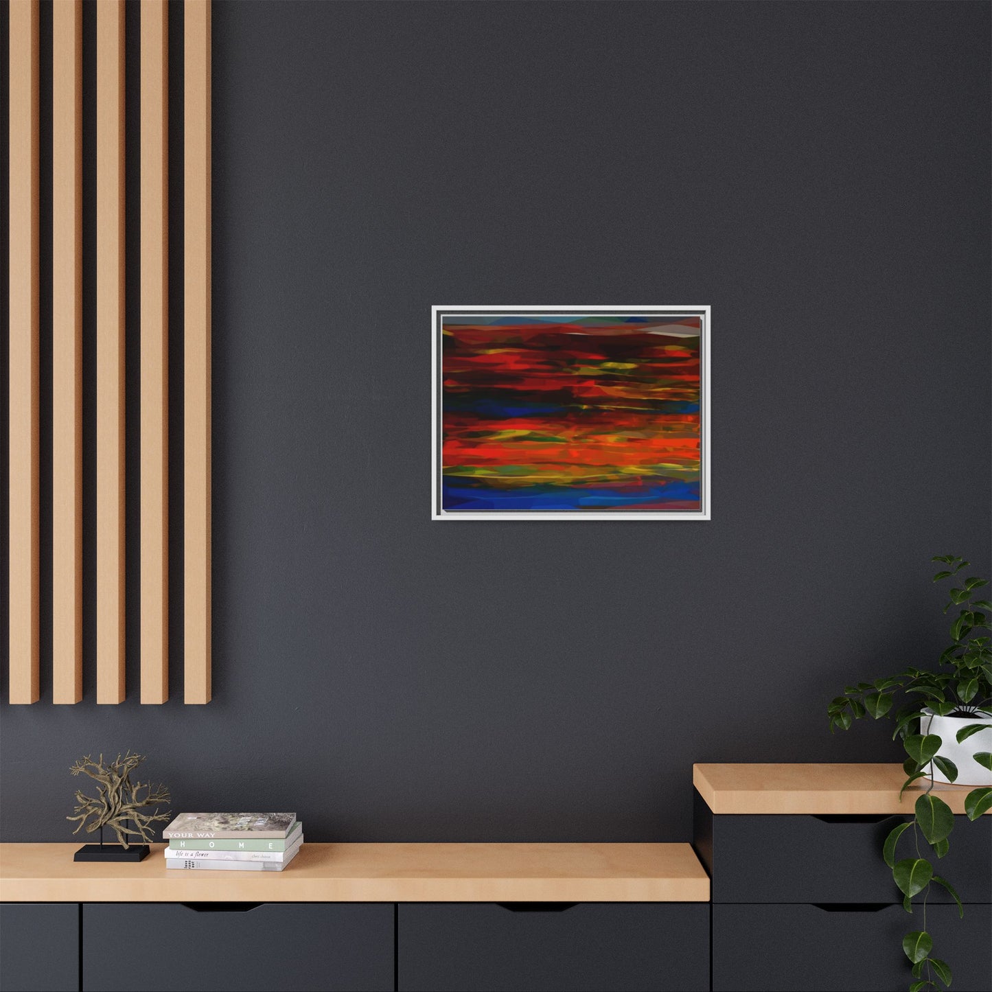 Abstract Multi-Color Matte Canvas Framed Wall Art — Bold Red & Blue Modern Painting