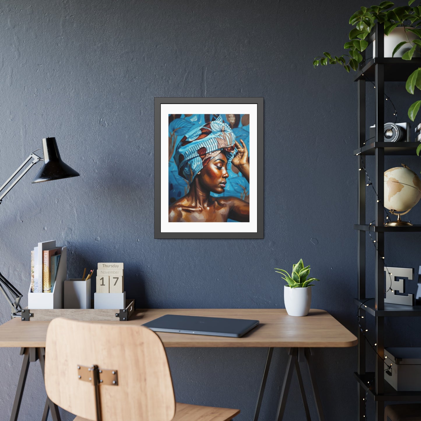 Framed Art Print — Portrait of Woman with Blue Headwrap (Gallery Wall Decor)