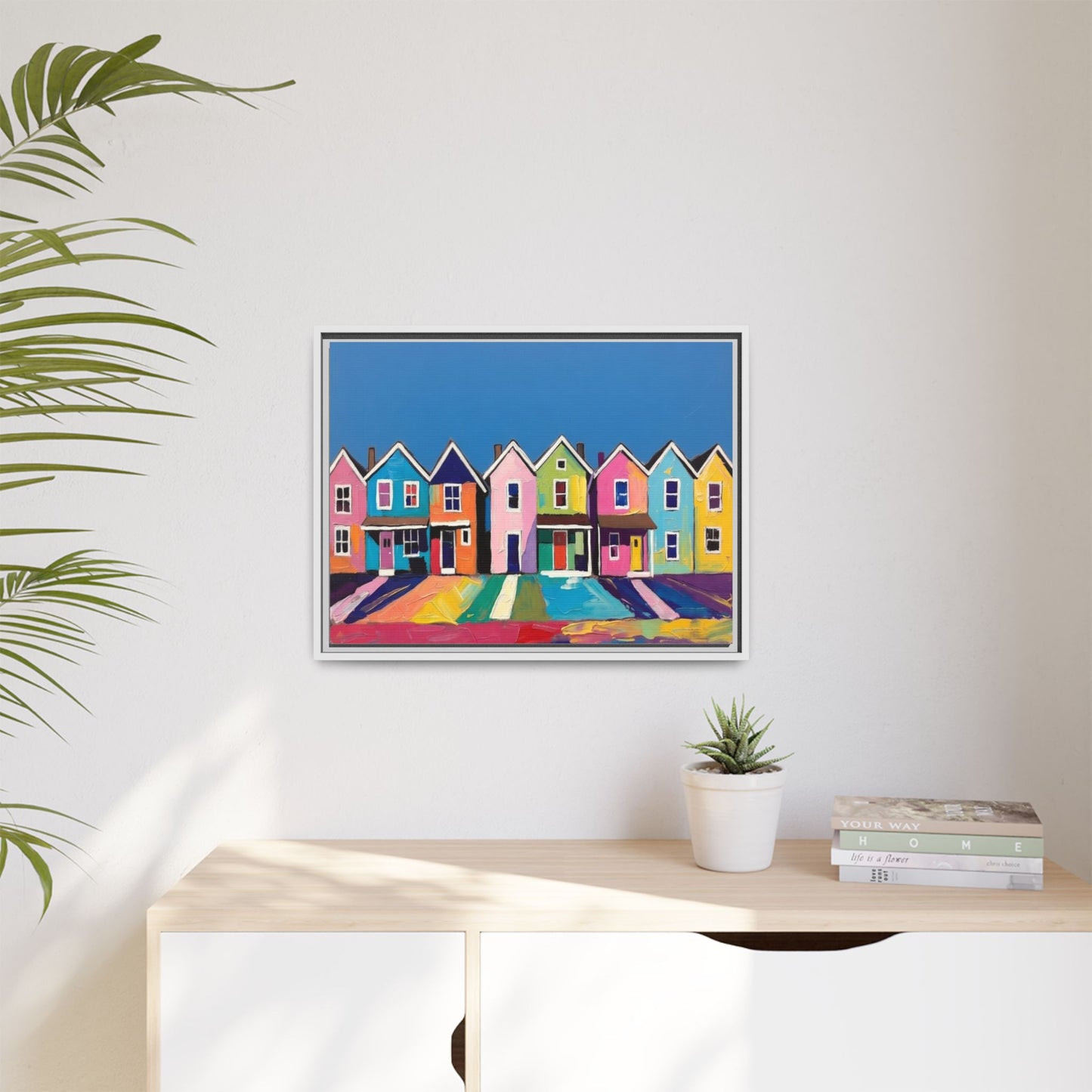 Colorful Beach Houses Matte Canvas Framed Wall Art