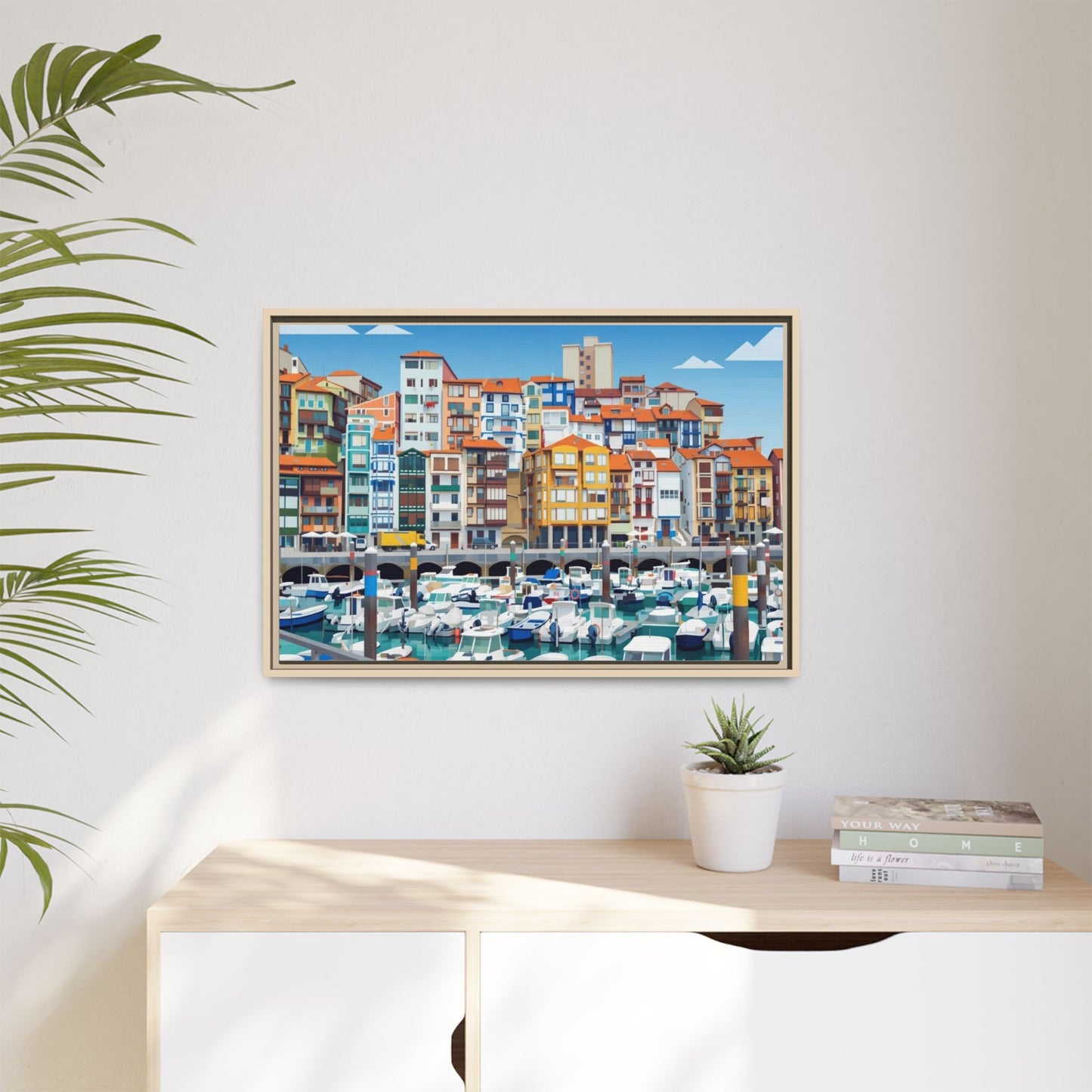 Framed Matte Canvas Print — Colorful Mediterranean Harbor Illustration