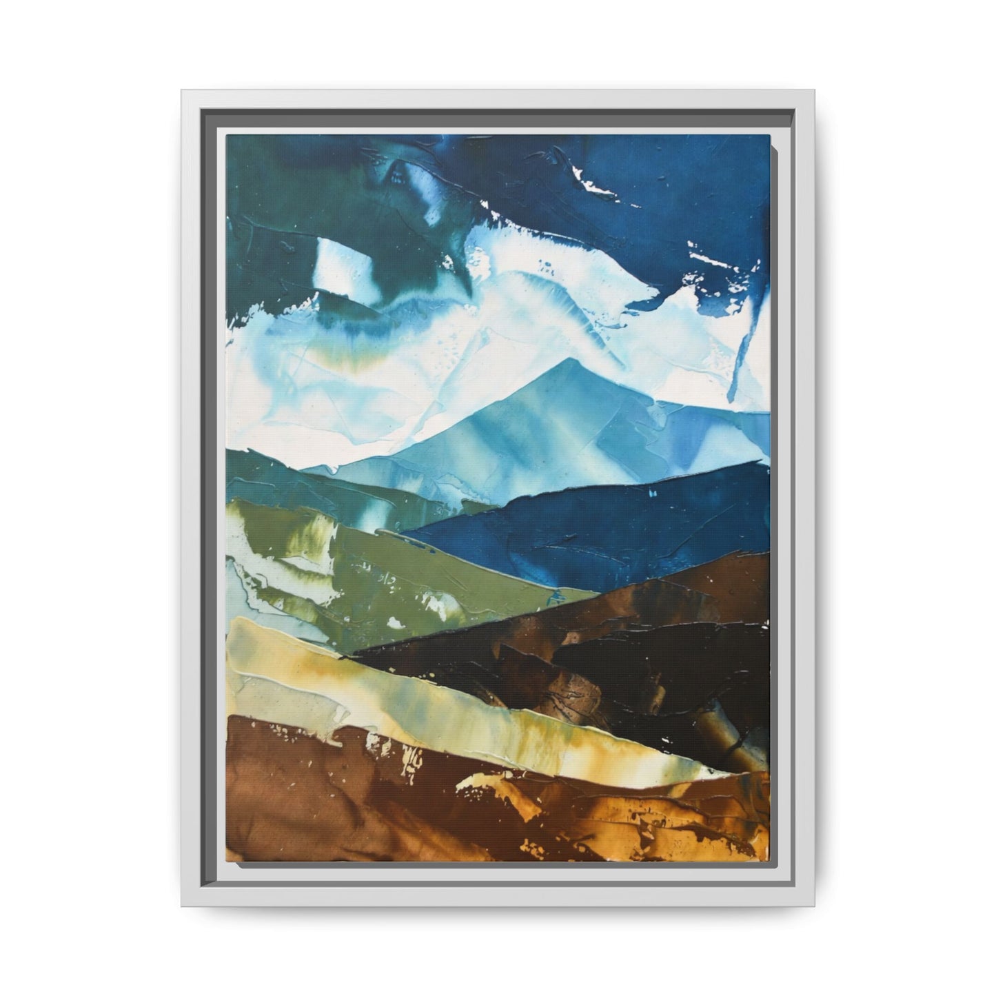 Framed Abstract Mountain Canvas Art — Blue & Earthtone Landscape Print