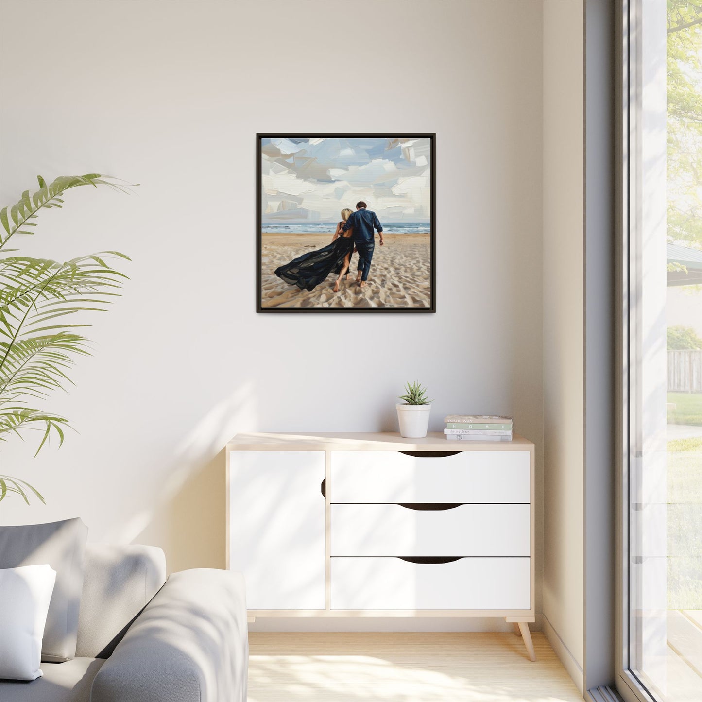 Framed Canvas Wall Art — Romantic Couple Walking on Beach Print
