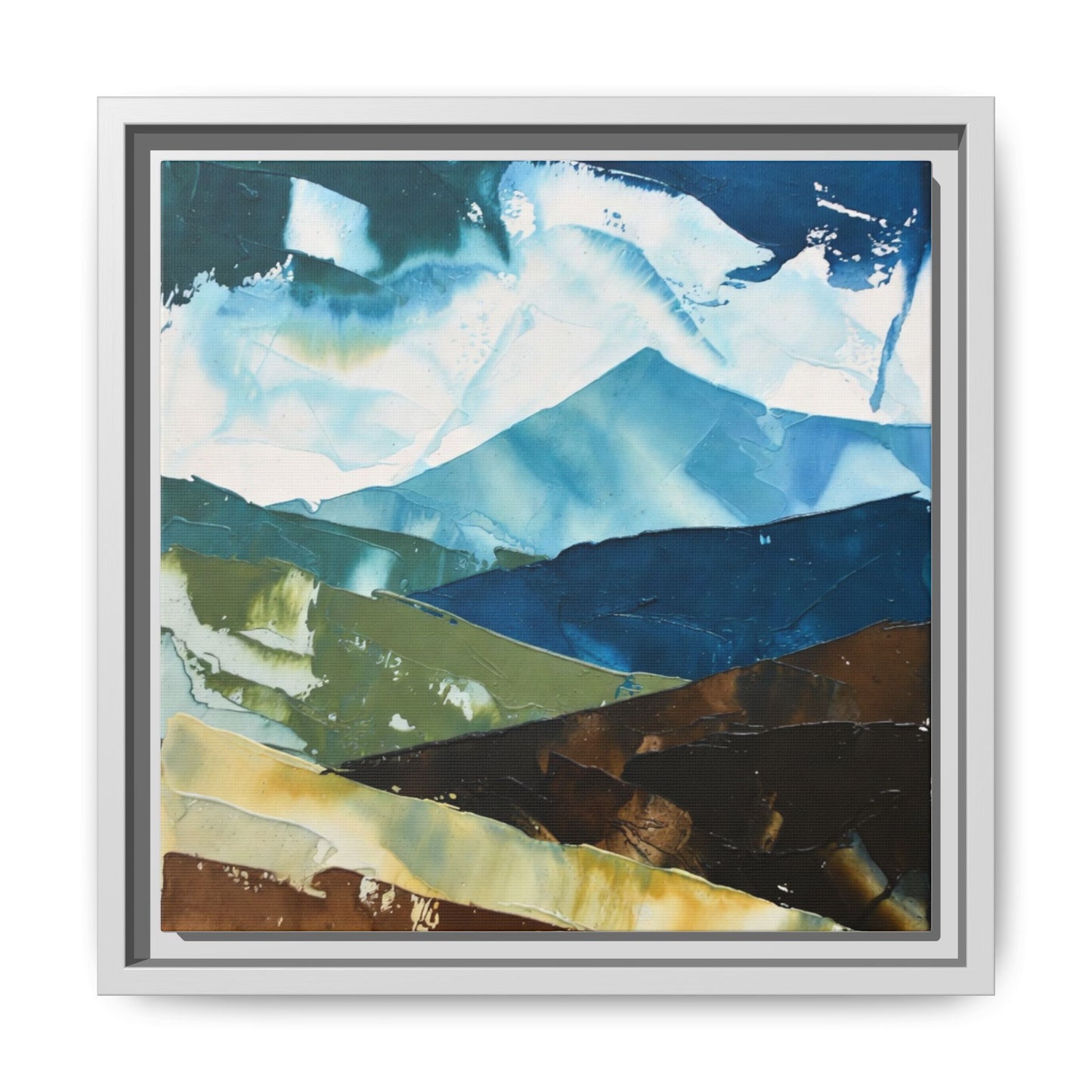 Framed Abstract Mountain Canvas Art — Blue & Earthtone Landscape Print