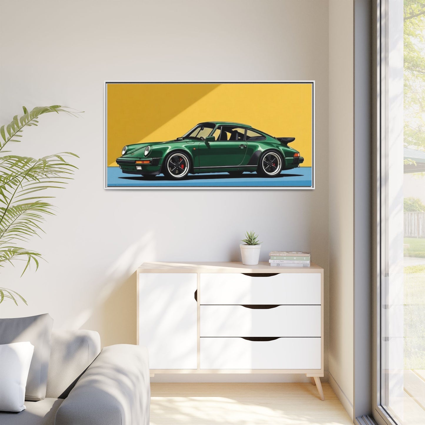 Framed Matte Canvas — Green Sports Car Wall Art
