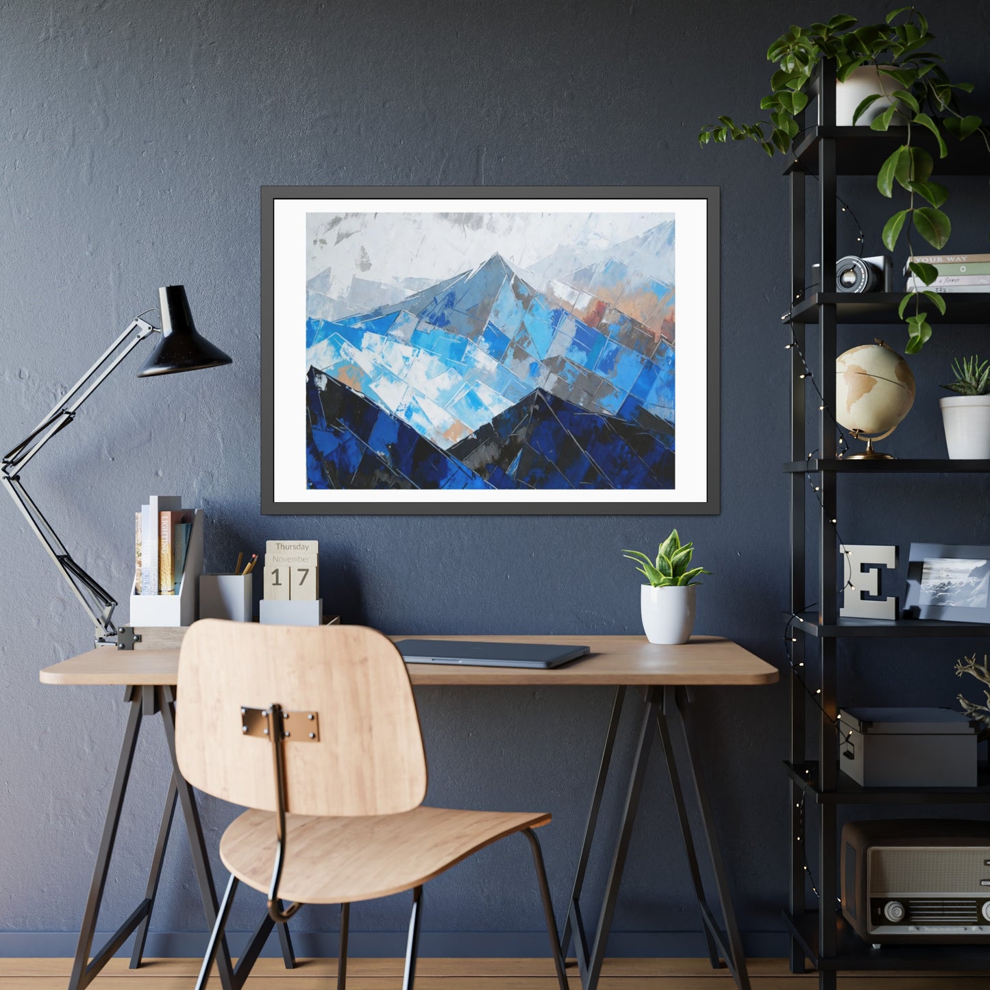 Framed Mountain Art Print — Blue Abstract Landscape Poster