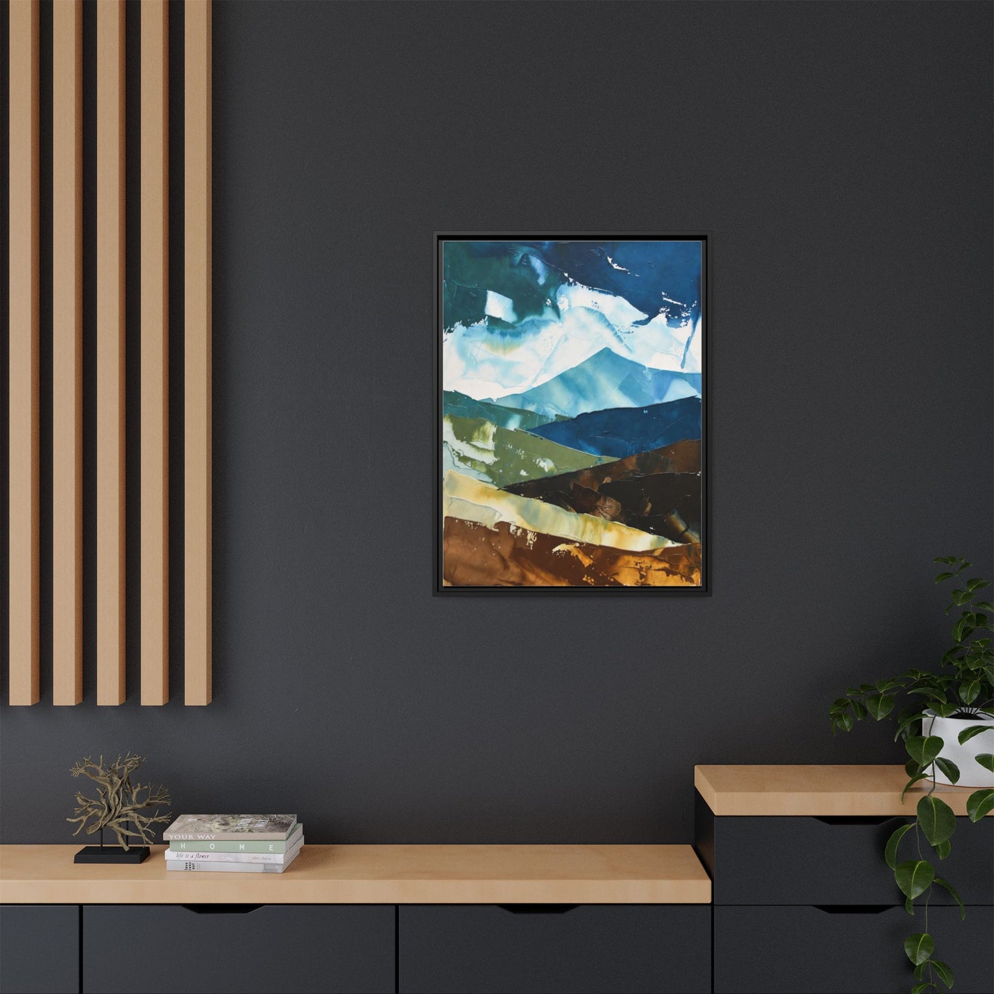 Framed Abstract Mountain Canvas Art — Blue & Earthtone Landscape Print