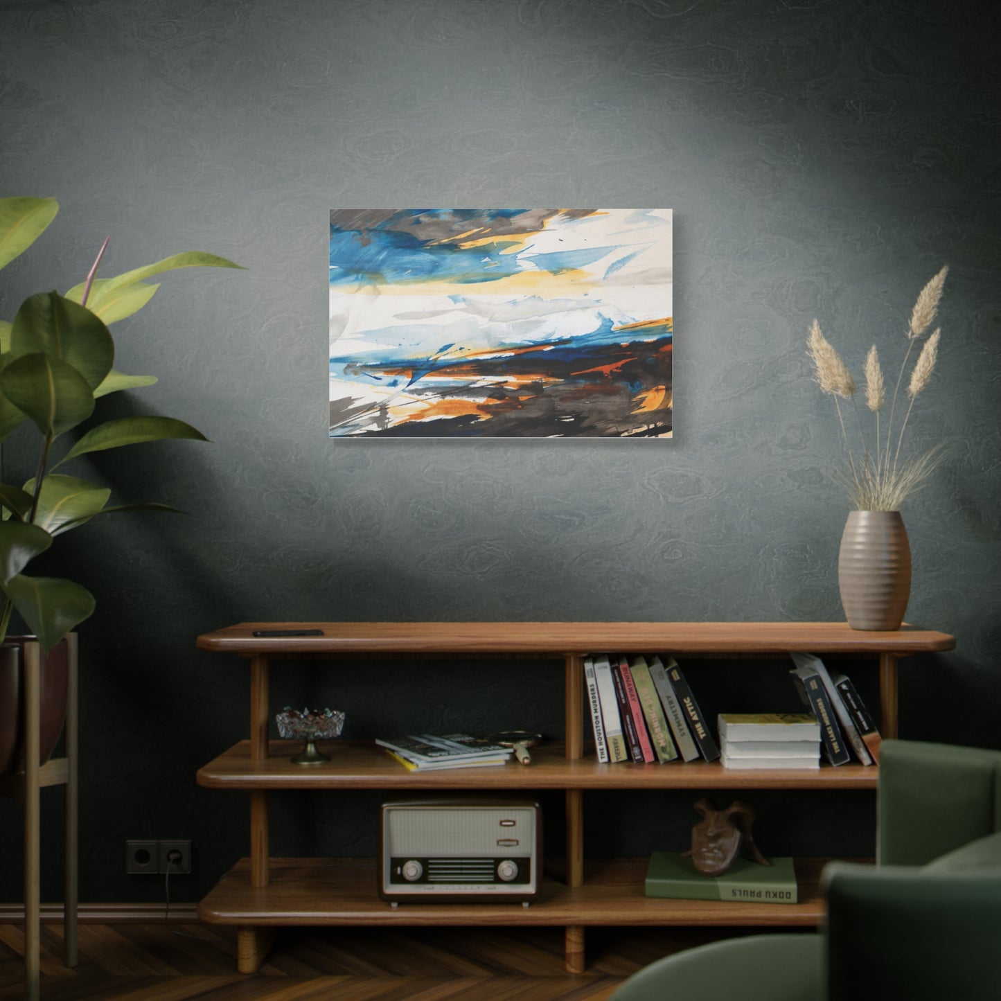 Abstract Oceanic Canvas Print — Blue & Amber Stretched Wall Art
