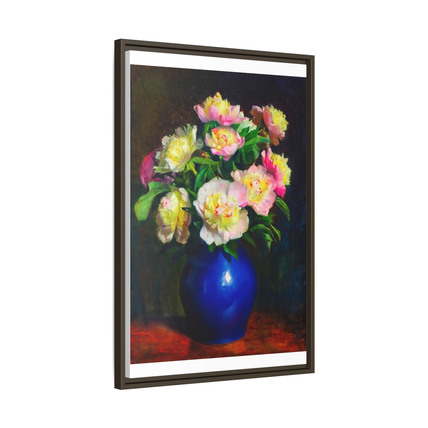 Framed Matte Canvas Wall Art — Vintage Floral Bouquet in Blue Vase