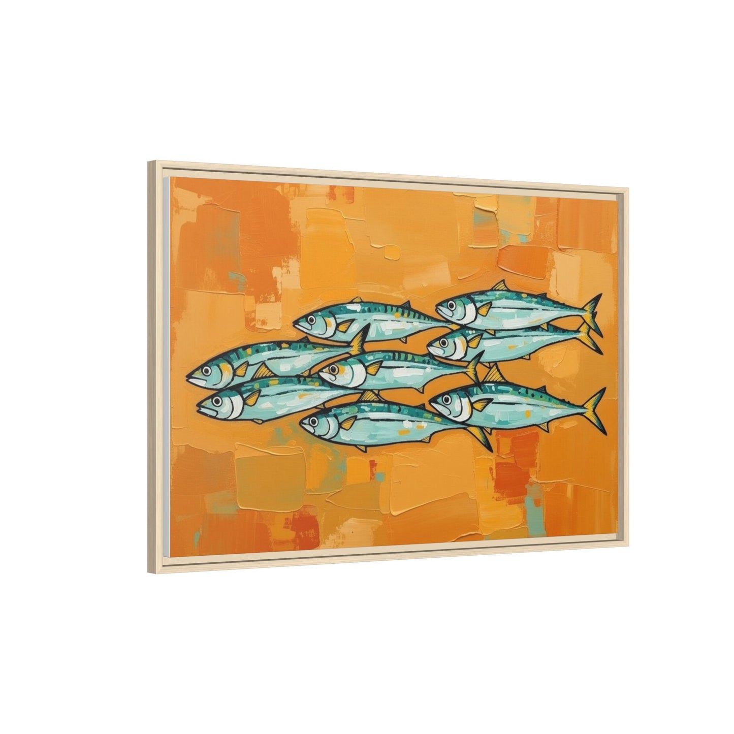 Framed Matte Canvas Print — School of Blue Fish on Orange Abstract Background
