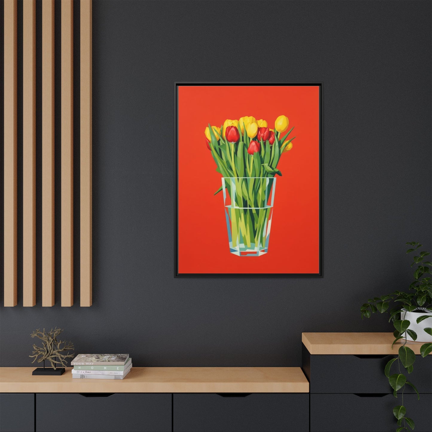 Framed Tulip Bouquet Matte Canvas Art — Vibrant Red Floral Wall Print