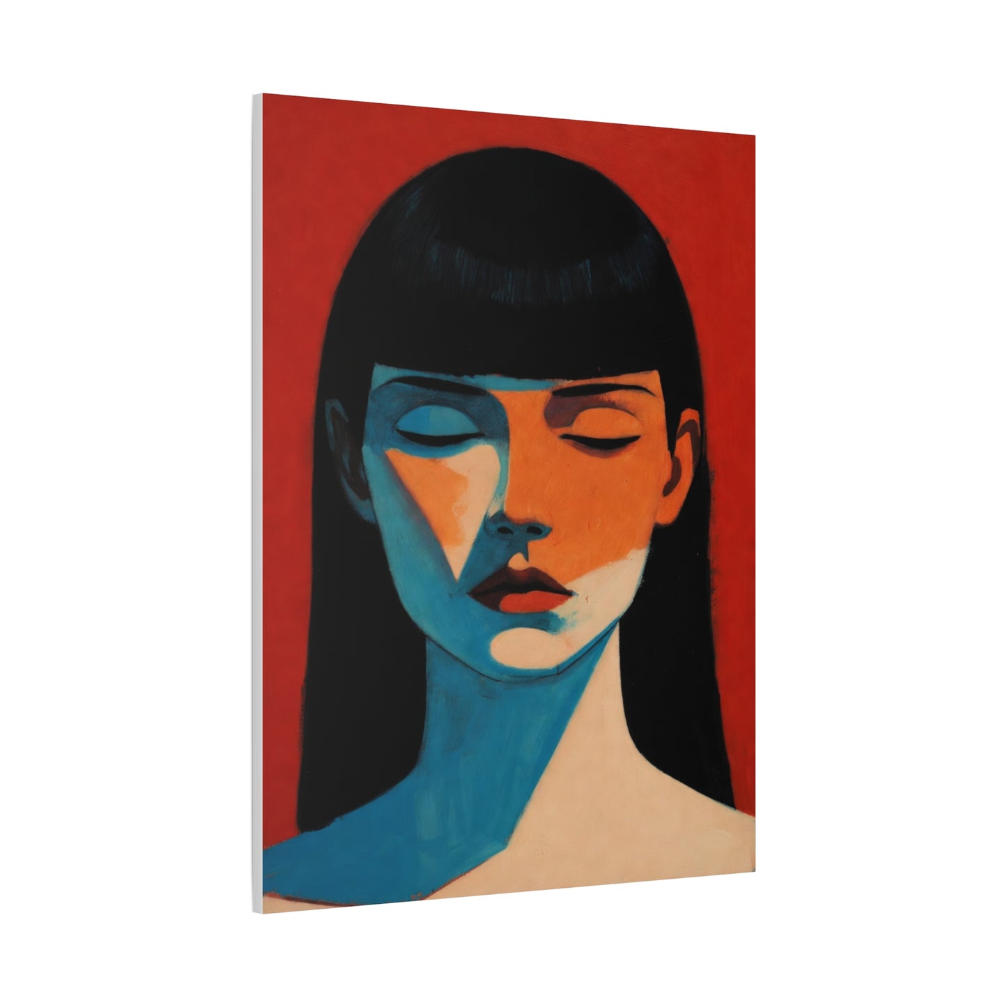 Portrait Canvas Wall Art — Modern Minimalist Woman in Red & Blue
